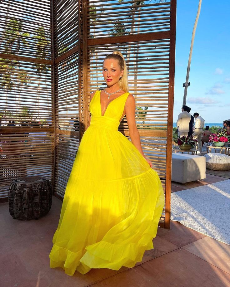 Elegant A-Line V-Neck Yellow Prom Dress for Women - Formal Evening Gown 2197 | Perfect for Homecoming, Prom Night, and Special Occasions