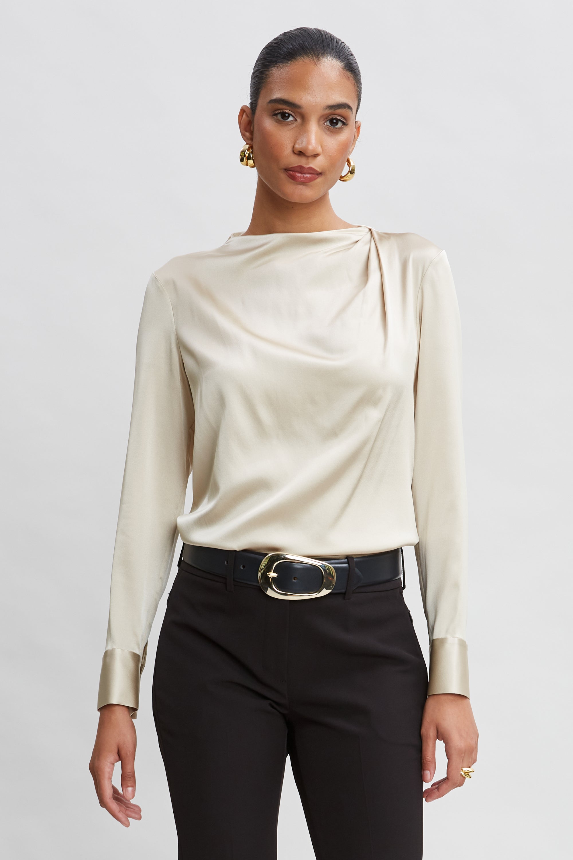 Silk Satin Draped Neck Blouse for Women - Elegant V-Neck Shirt for Office, Party & Special Occasions