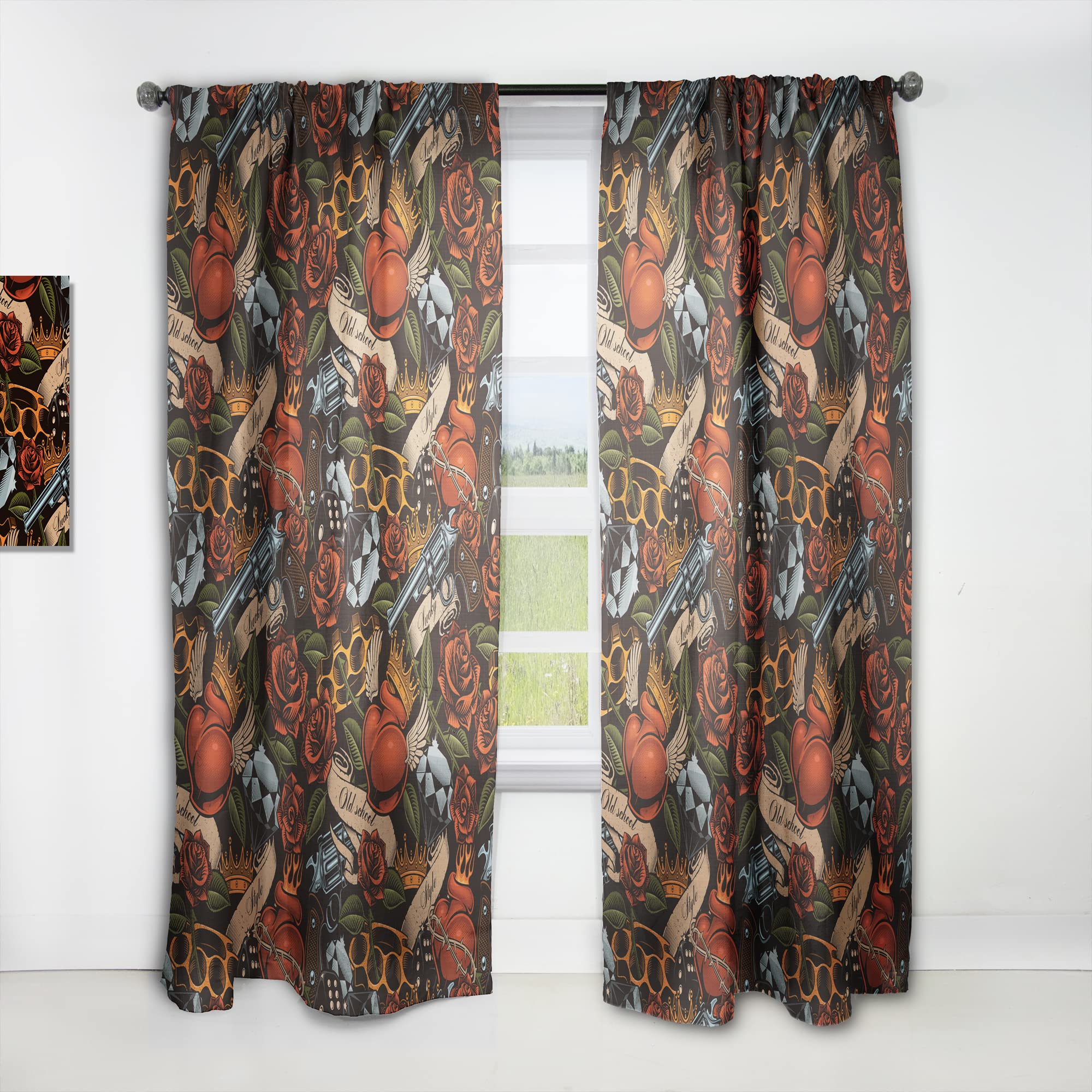 DesignQ Thermal Insulated Blackout Curtains - Old School Tattoo Pattern Single Panel 52x90 - Bedroom & Living Room Window Drapes for Home Decor, Noise Reduction & Light Blocking