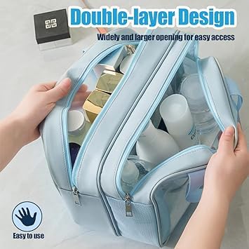 Keetly Cosmetic Makeup Storage Organizer - Travel Toiletry Case Bag with Hook, Dual Zipper Grooming Kit for Women | Elegant Blue Makeup Pouch | Perfect for Travel, Home & Salon Organization