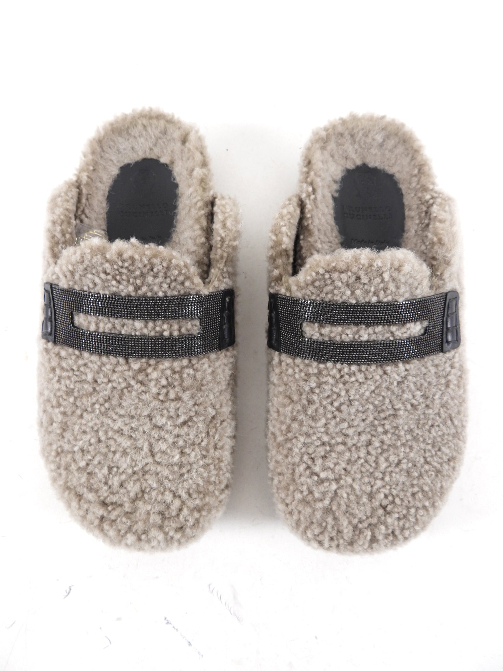 Brunello Cucinelli Grey Shearling Monili Slippers - Women's Luxury Shearling House Shoes Size 36.5 | Cozy Indoor & Outdoor Comfort for Home, Travel & Spa Relaxation