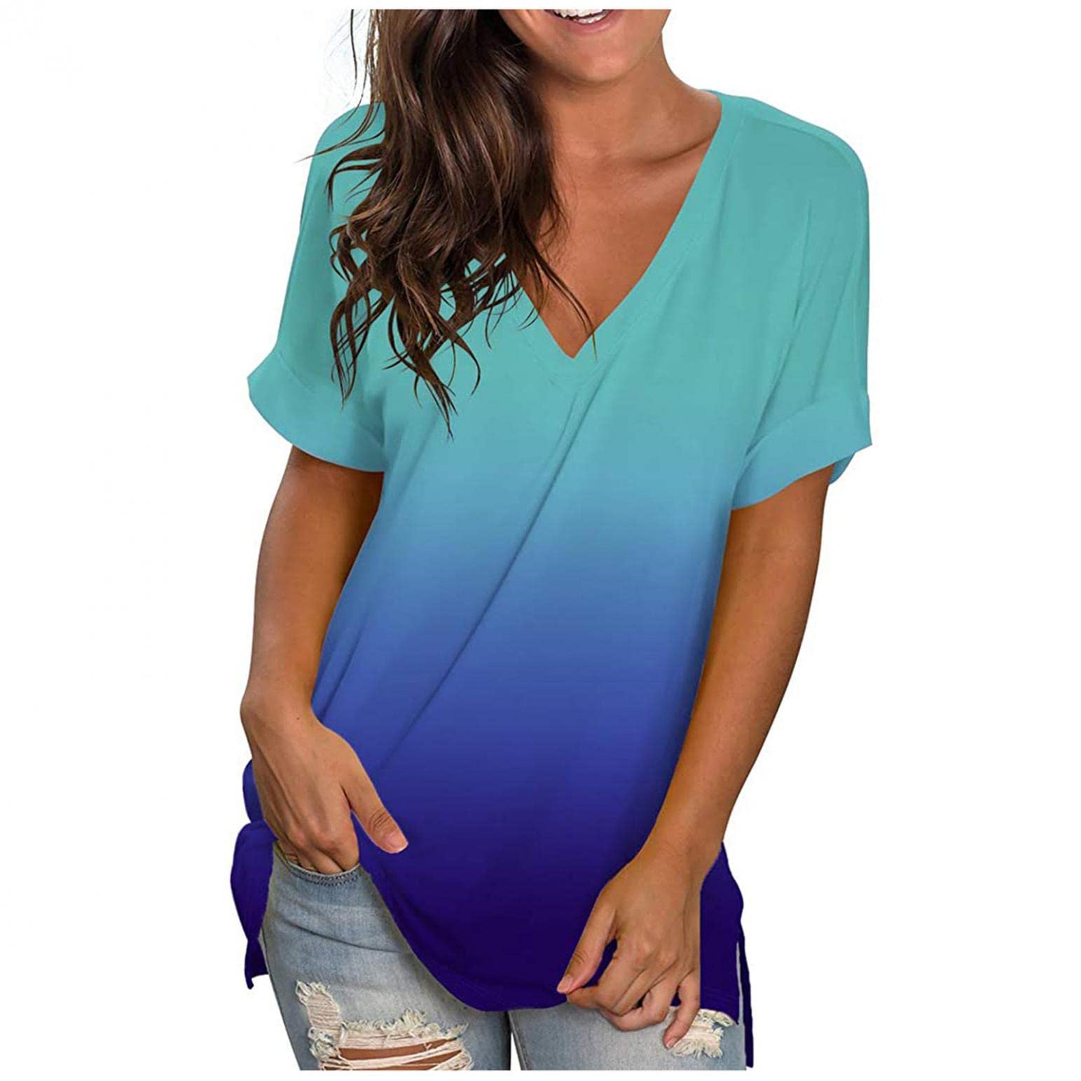 Siilsaa Women's V-Neck Gradient Print Short Sleeve Blouse - Stylish Side Split Running Top for Casual Wear & Workout