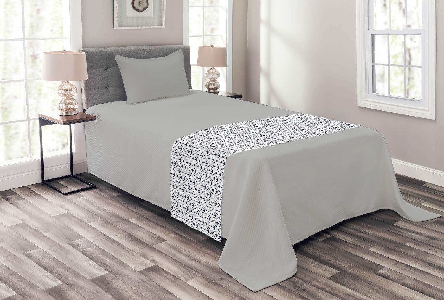 Ambesonne Geometric Bed Runner - Nautical Chevron Pattern with Dotted Frames & Anchors in Dark Blue & White | Decorative Bed Scarf for Hotels, Homes & Guest Rooms | Perfect for Coastal, Beach House or Nautical Theme Bedrooms