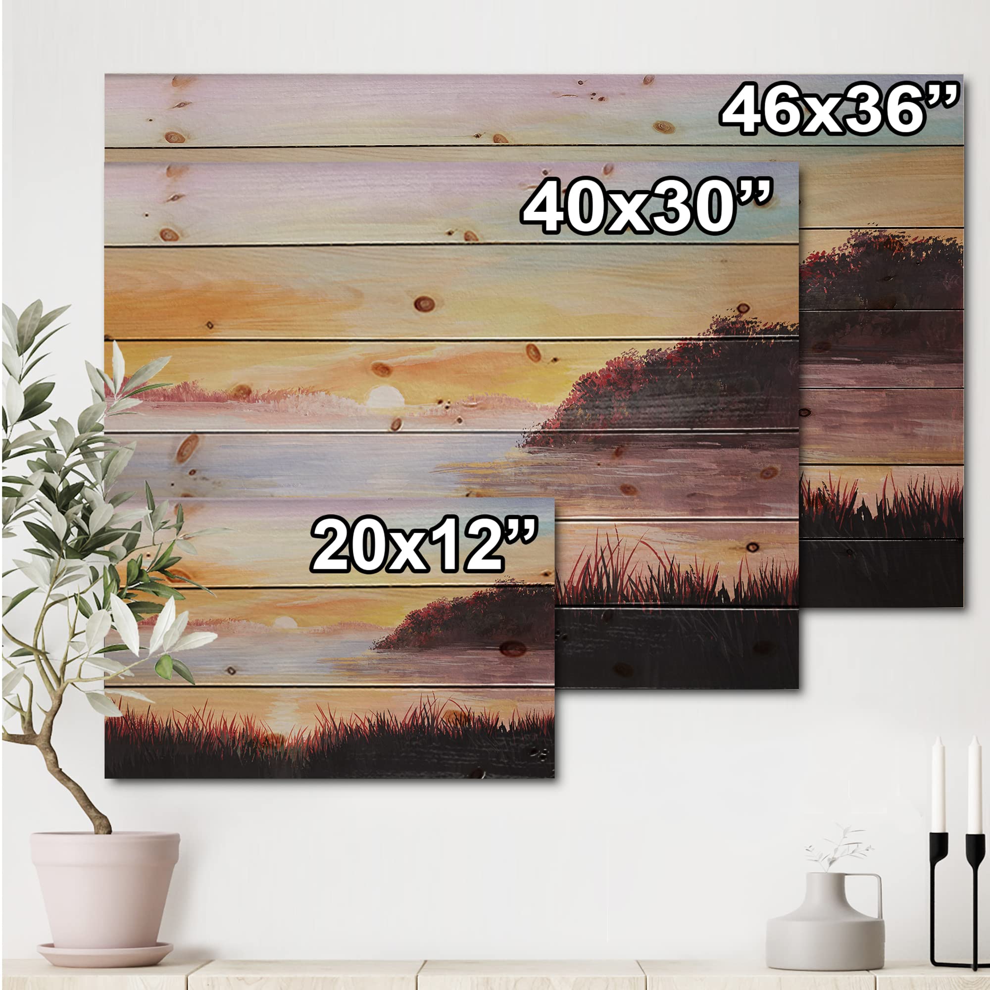 DesignQ Nautical & Coastal Wood Wall Decor - Lake with Reeds Landscape Art on Natural Pine Wood, Large Yellow Wood Wall Panels for Home & Office Decoration | Perfect for Living Room, Bedroom, or Coastal-Themed Spaces