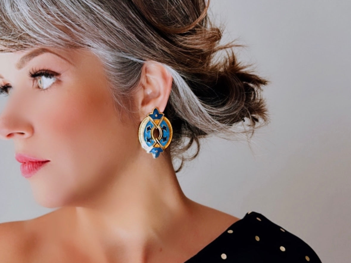 Vintage Berebi Earrings - Blue & Gold Etruscan Enamel Pierced Earrings for Women | Handmade Jewelry Gift for Birthday, Anniversary & Special Occasions | Boho Chic & Retro Style Accessories