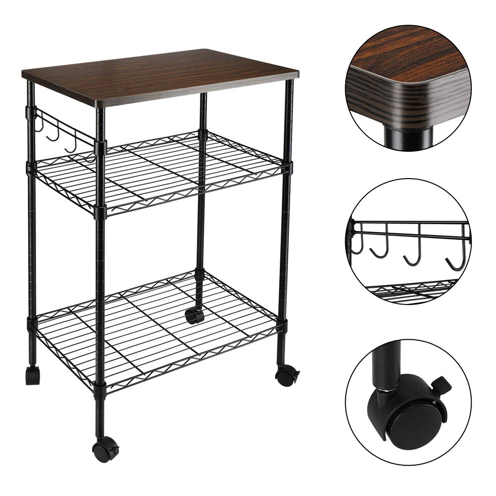 3-Tier Kitchen Cart with Wheels - Wood & Black Storage Rack for Microwave & Pantry Organization
