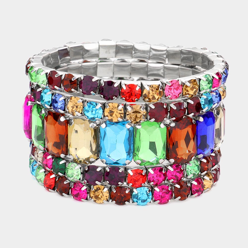 5-Piece Multi-Color Stone Stretch Multi-Layered Pageant Bracelets Set - Elegant Prom Jewelry for Women - Perfect for Pageants, Proms, Weddings & Special Occasions