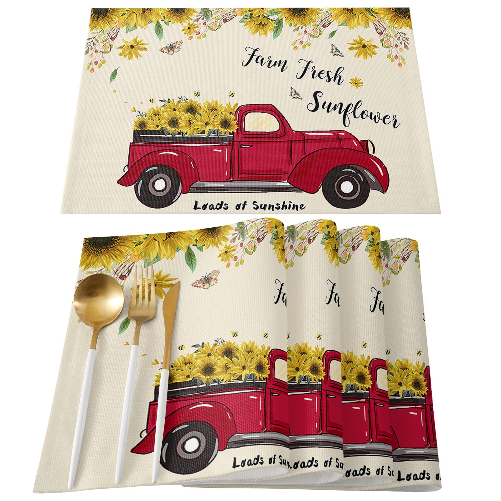 Harvest Farm Red Truck Full of Blooming Sunflowers Placemats - Set of 4 Washable Stain Resistant Cotton Linen Woven Dining Table Mats (12