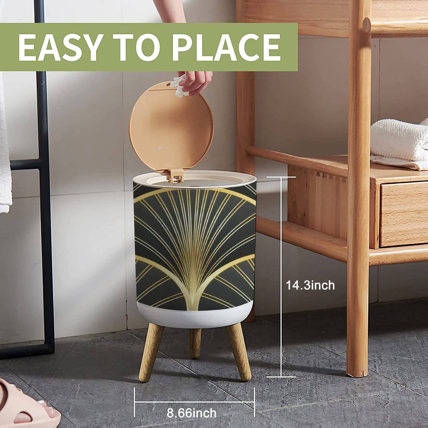 Art Deco Small Trash Can with Lid - Seamless Geometric Decorative Wood Waste Bin, 8.66x14.3 Inch Round Garbage Bin with Press Cover for Bathroom, Bedroom, Office & Kitchen - Perfect for Home Decor and Waste Management