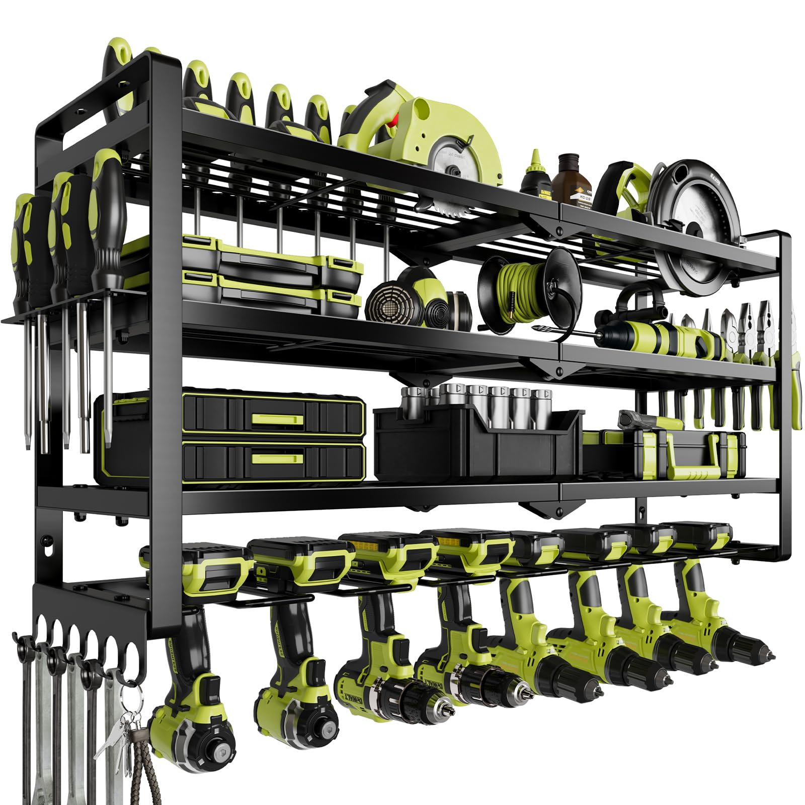 4-Layer Wall Mount Garage Tool Organizer with 8 Drill Holder - Heavy Duty Cordless Power Tool Storage Shelf for Workshop & Home Garage Organization - Perfect DIY Gift for Men (Black)
