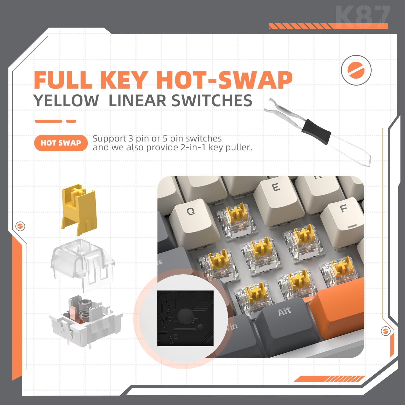 K87 RGB Wireless Mechanical Keyboard - 2.4G/Bluetooth/Wired, Hot-Swappable Yellow Switches for Gaming & Office