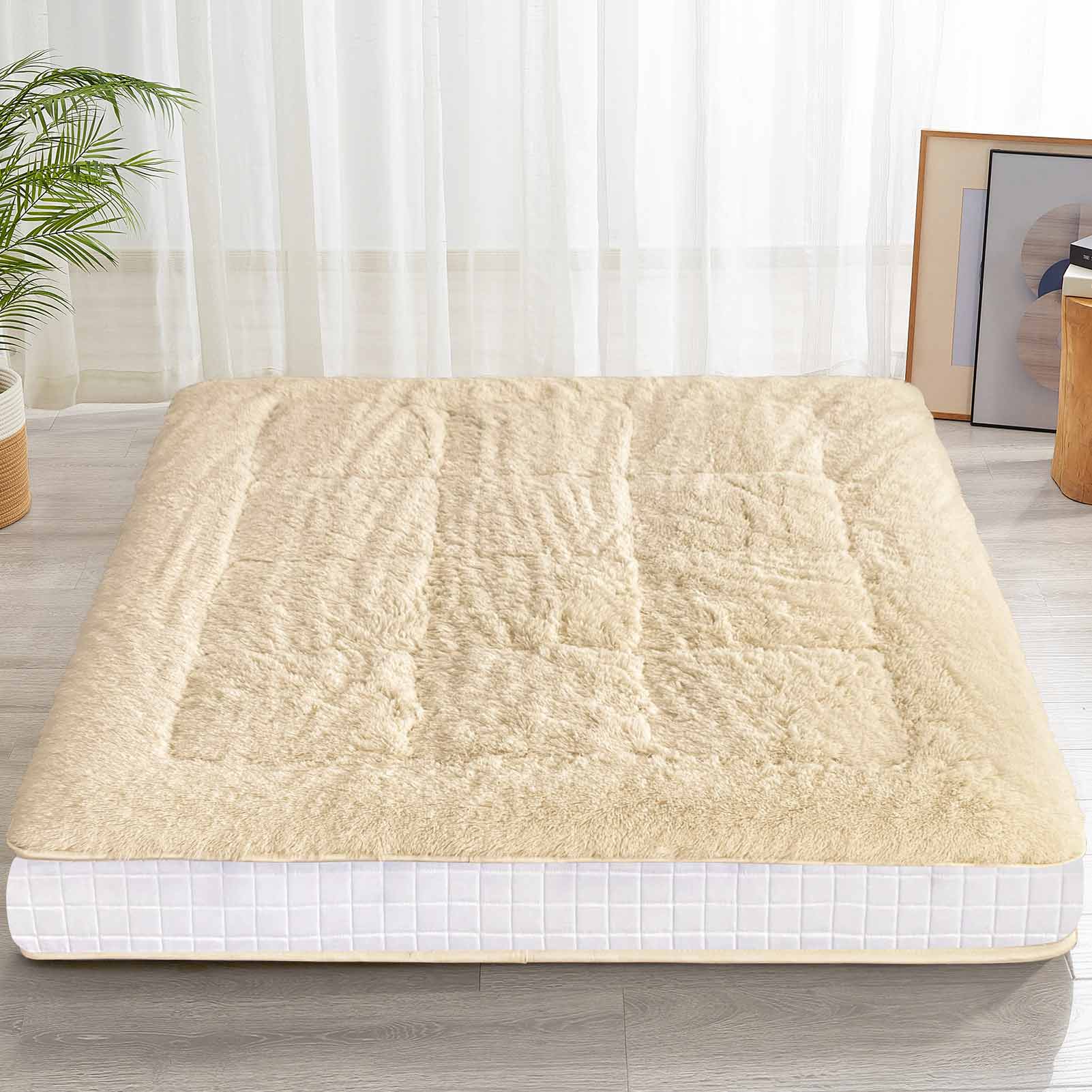 MAXYOYO 6-Inch Extra Thick Fluffy Floor Futon Mattress - Queen Size Plush Square Quilted Mattress for Adults & Guests (Beige) | Perfect for Living Room Lounging, Sleepovers & Guest Bedding