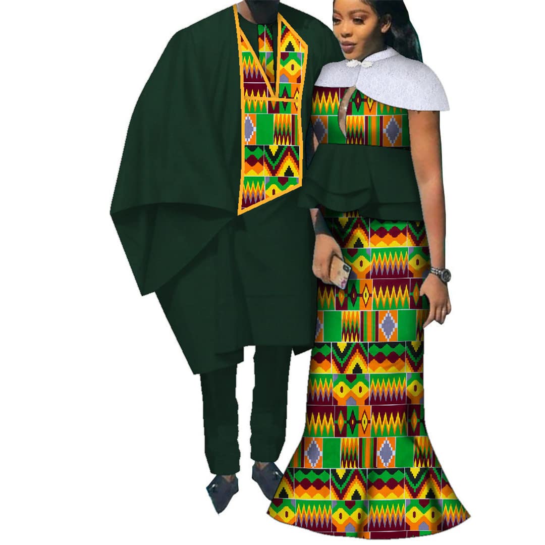 African Print Long Patchwork Dresses for Women & Men's Robe Pants - Traditional Couple Outfits for African Culture Lovers - Perfect for Weddings, Festivals and Cultural Events - 24fs1222 L