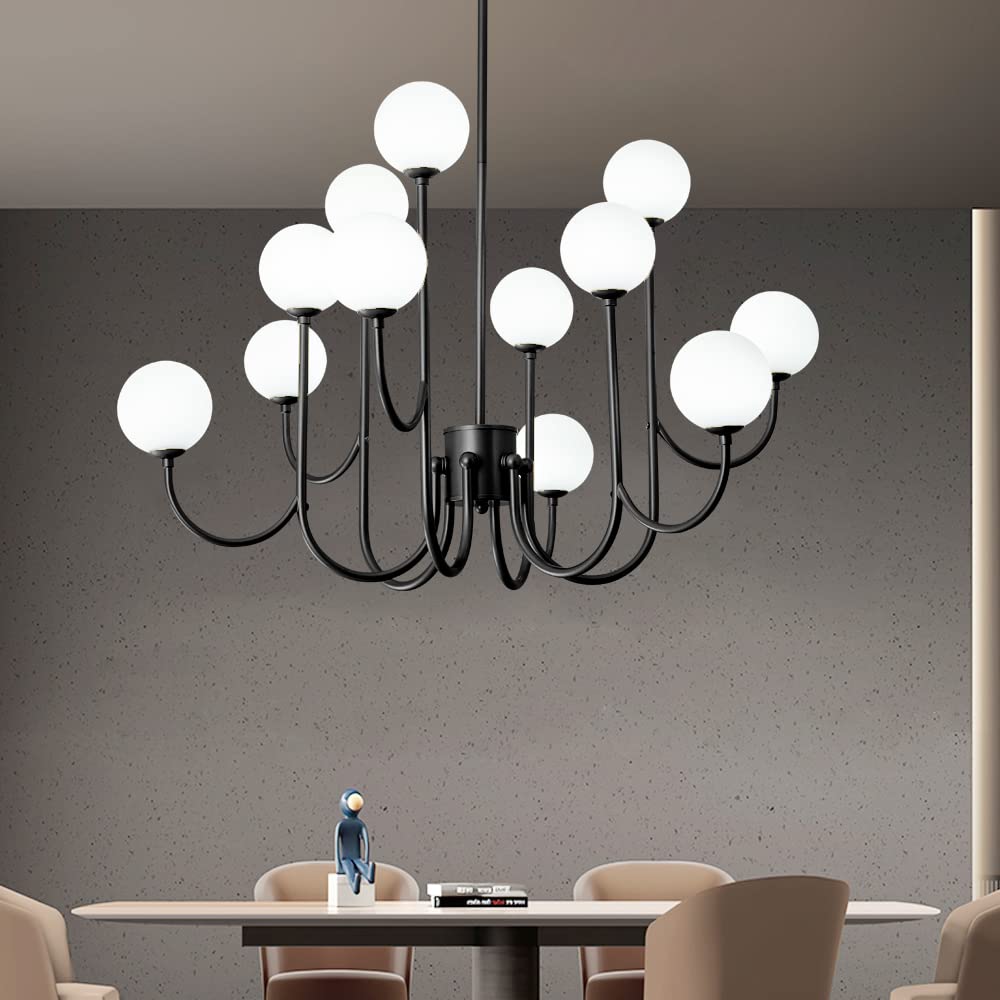 Modern Glass Globe 12-Light Sputnik Chandelier - Mid-Century Black Ceiling Light Fixture for Dining Room, Living Room, Bedroom, Kitchen, Stairwell & Office - Elegant Pendant Lighting for Home and Commercial Spaces