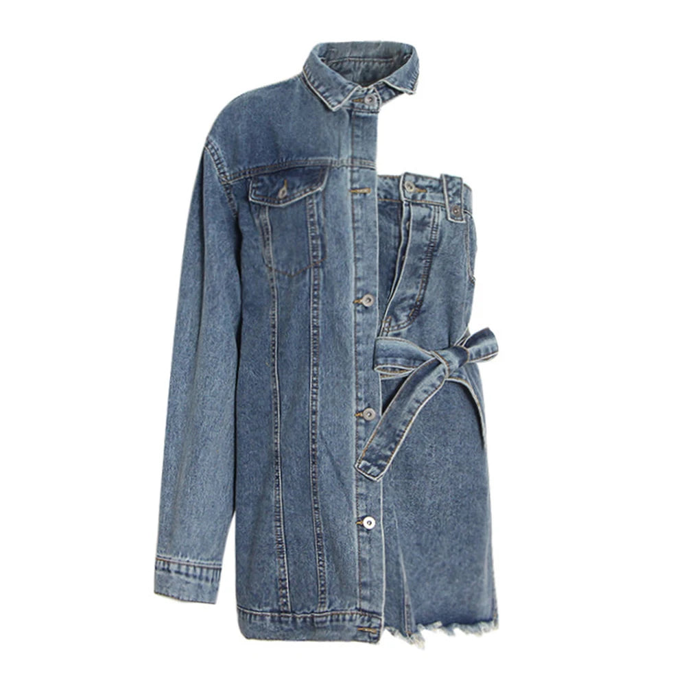 Women's Asymmetrical Patchwork Lace-Up Denim Mini Dress - One Shoulder Lapel Sleeve Design, Casual A-Line Dress for Party, Date Night & Summer Outfits