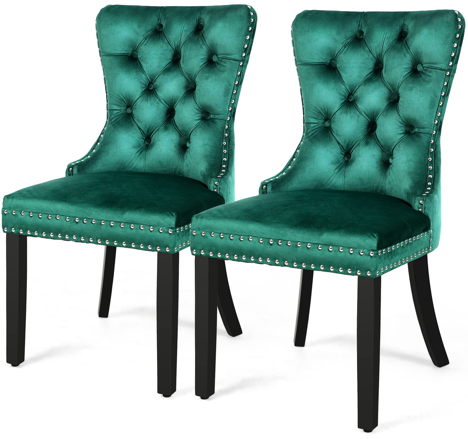 Luxury Green Velvet Dining Chairs Set of 2 - Modern Upholstered Accent Chairs with Tufted Back & Solid Wood Legs for Kitchen, Dining Room or Living Room - Perfect for Home Decor, Dinner Parties & Cozy Gatherings