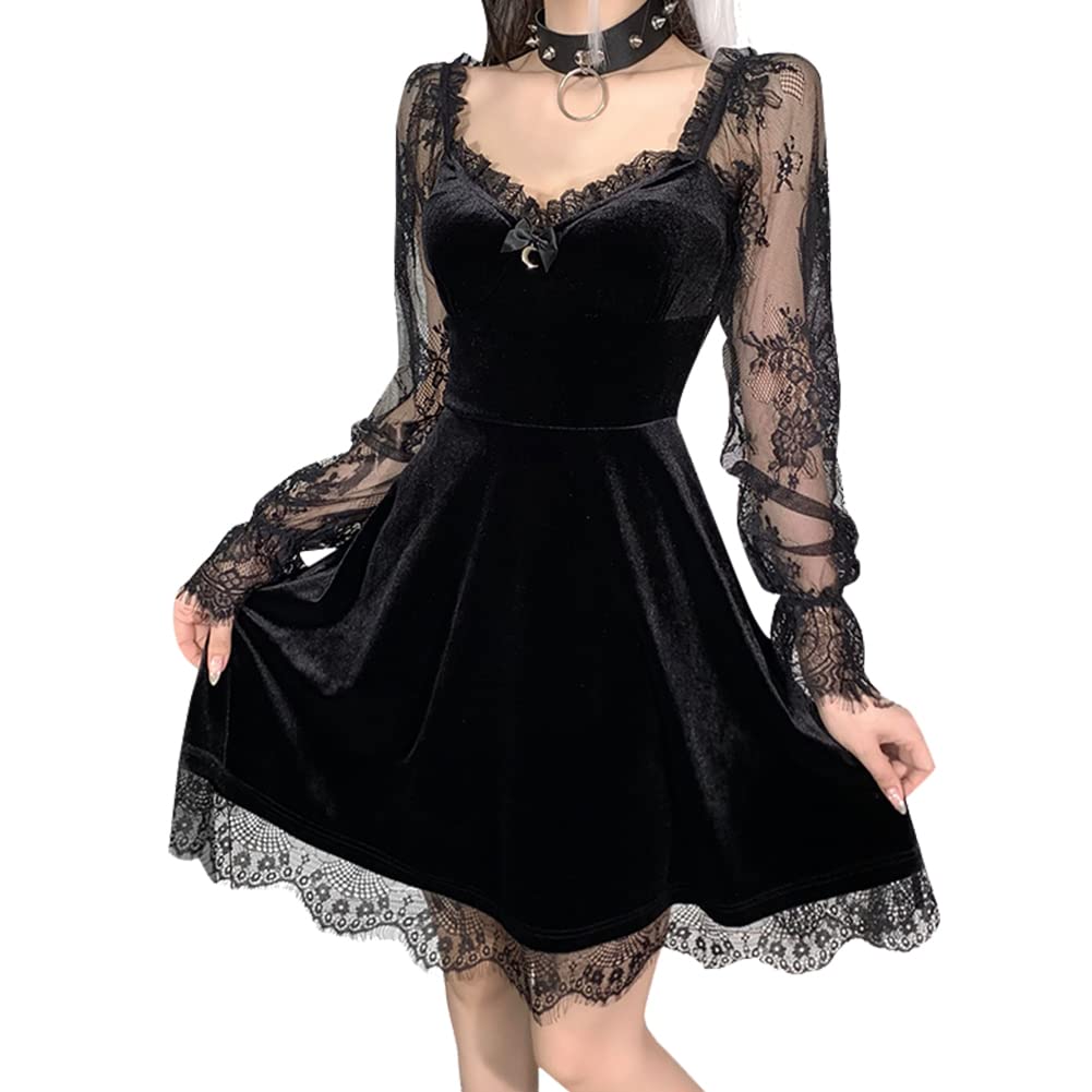 Gothic Lolita Floral Lace Long Sleeve Velvet Dress for Women - Elegant Black Suede Ruched Dress for Wedding Guest & Special Occasions