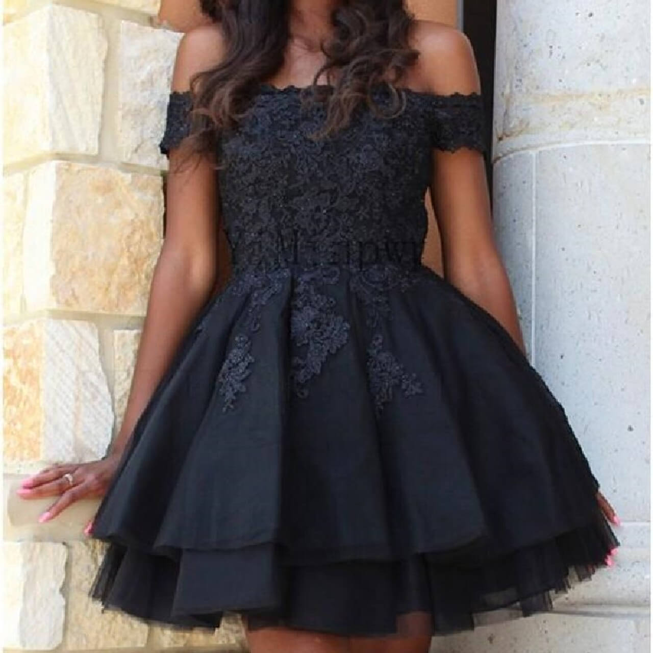 Elegant A-Line Black Short Homecoming Dress with Lace Off-Shoulder Neckline - Perfect for Prom, Party, and Special Occasions