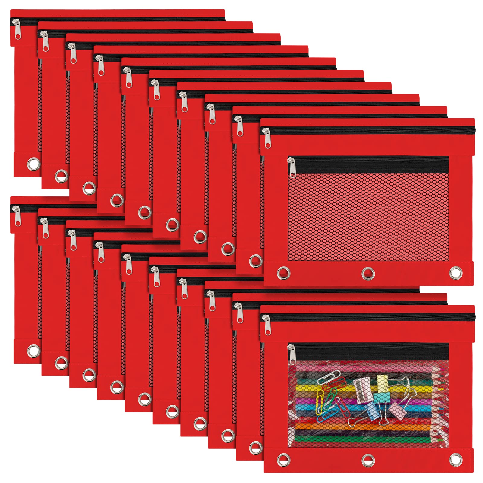 20 Pack Red Zippered Pencil Pouches for 3-Ring Binders - Bulk Classroom Supplies for Students & Teachers - Perfect for Organizing Pens, Pencils, Markers & School Essentials