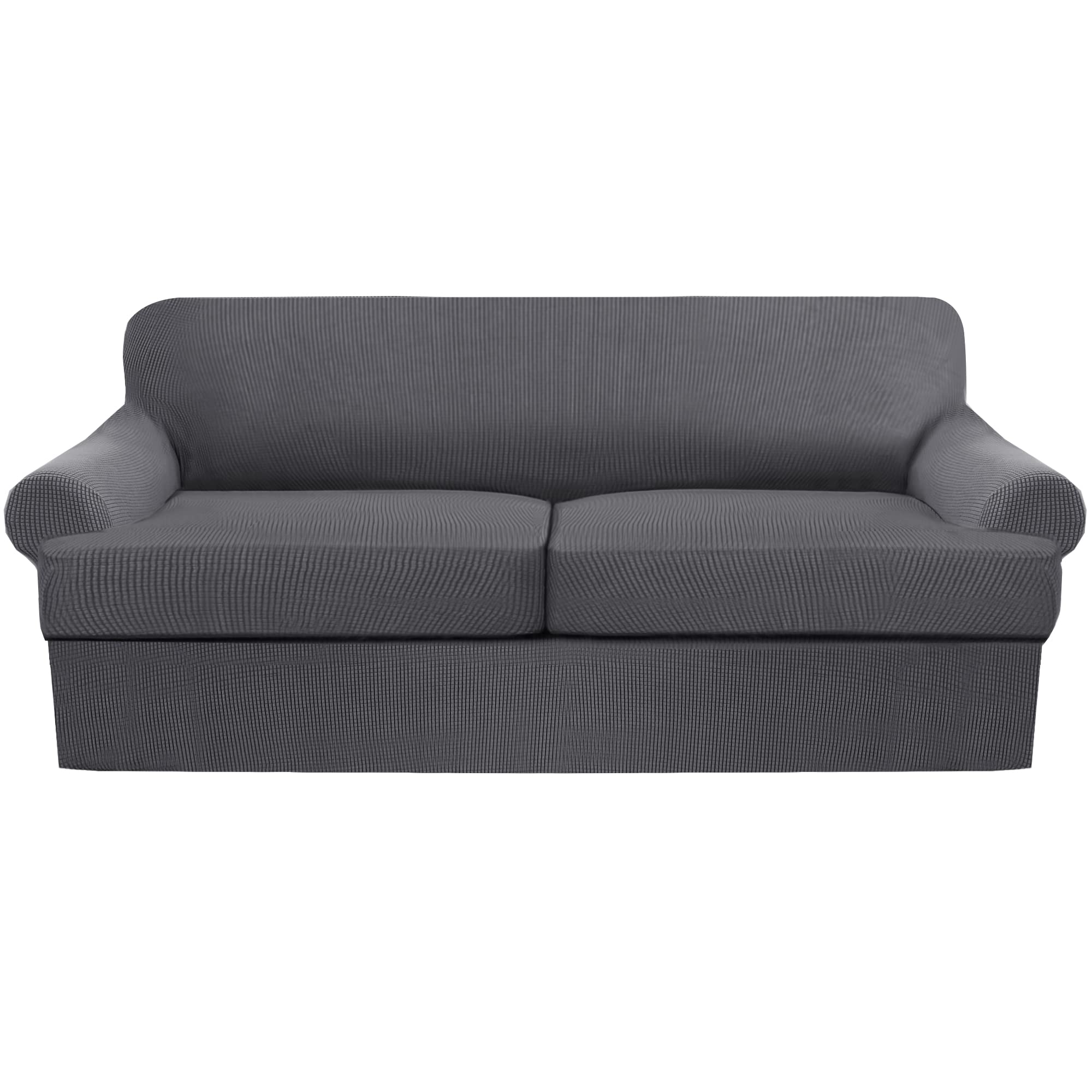 3 Piece T-Cushion Sofa Slipcovers - Thick Stretchable Couch Cover Furniture Protector for 2-Cushion Loveseat with Washable T-Cushion Covers (Grey, X-Large) - Perfect for Living Room, Family Room & Home Decor Protection