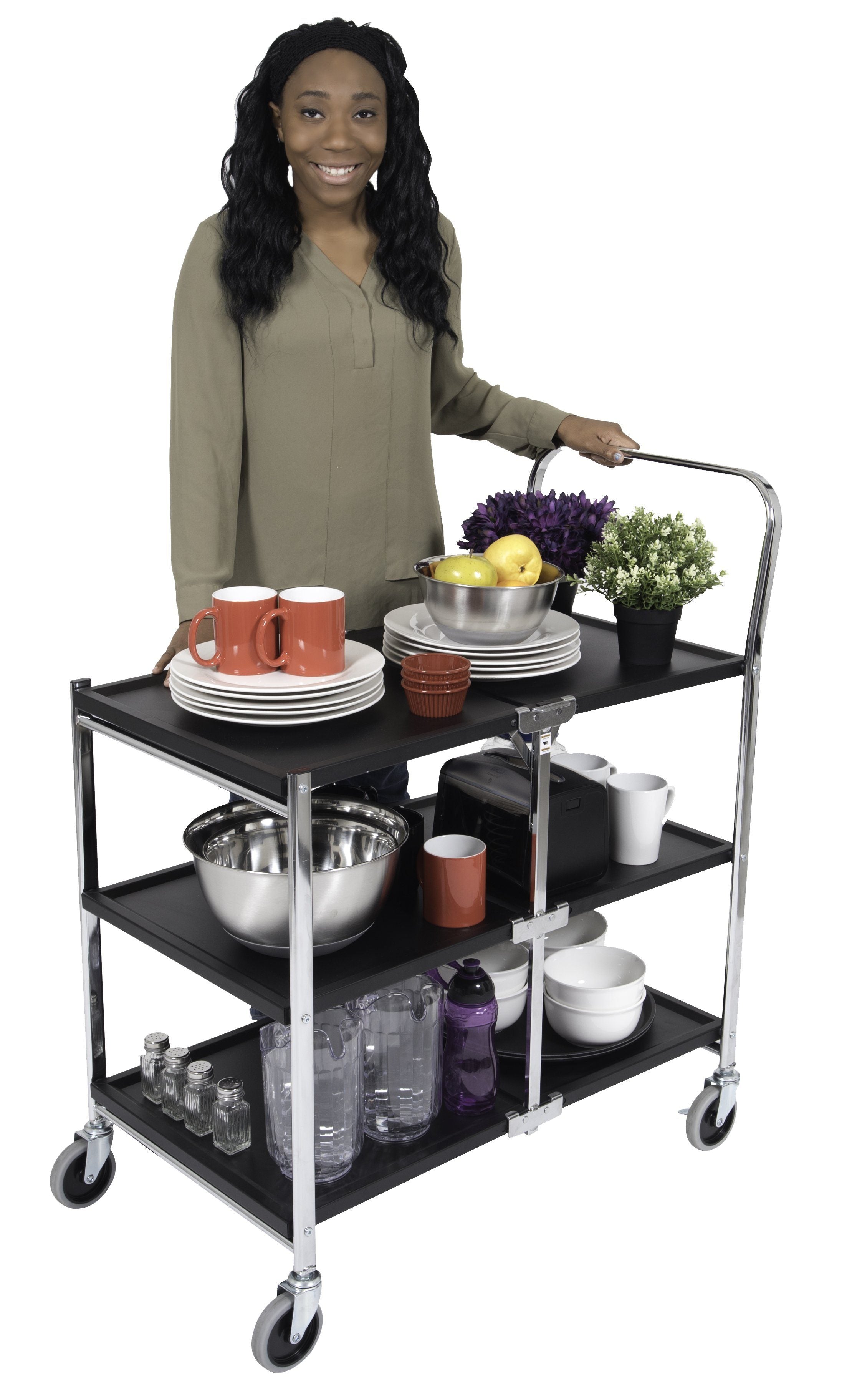Luxor 3-Tier Collapsible Metal Utility Cart - Perfect for Kitchen, Bathroom, Office & Garage Storage