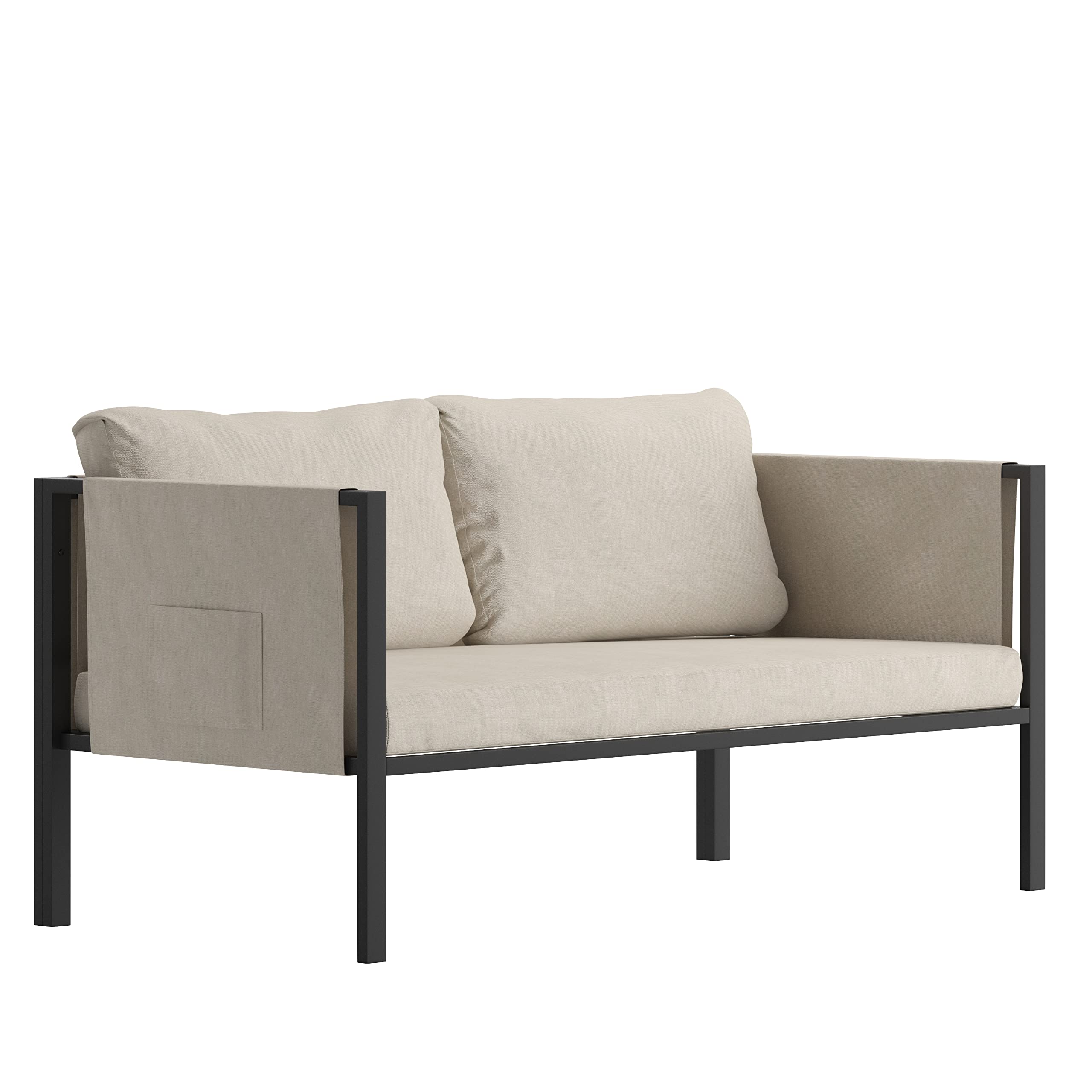 Flash Furniture Lea Indoor/Outdoor Loveseat with Cushions - Modern Steel Frame 2-Seater Sofa with Storage Pockets, Black with Beige Cushions - Perfect for Patio, Deck, Balcony & Small Space Living