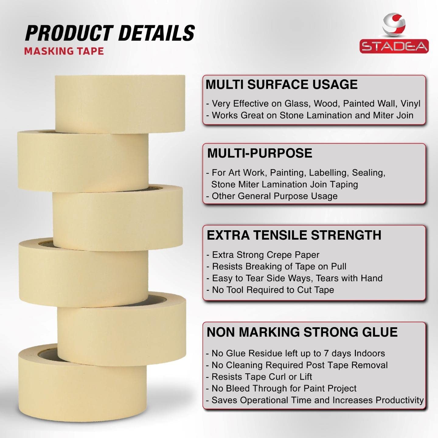 STADEA 2 Inch Wide White Masking Tape - High Performance Multi-Surface Adhesive for Painting, Labeling & Crafts - 55 Yards per Roll (Pack of 24) - Perfect for Home Improvement, Office & DIY Projects