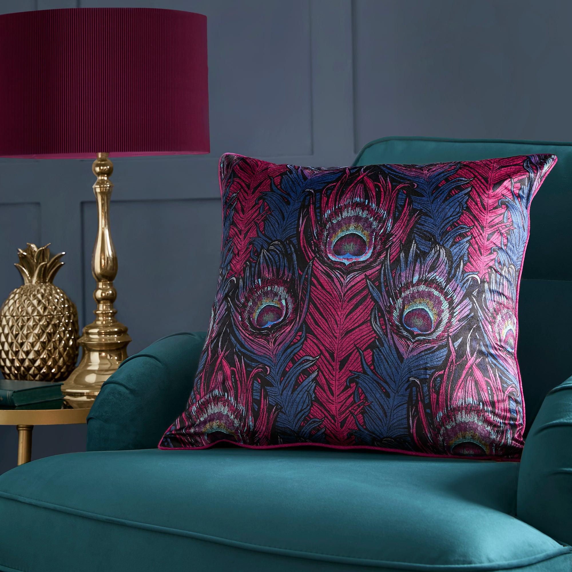 Laurence Llewelyn Bowen Dandy Peacock Cushion - Plum Velvet Decorative Throw Pillow for Sofa, Bed & Home Decor | Luxury Living Room & Bedroom Accent