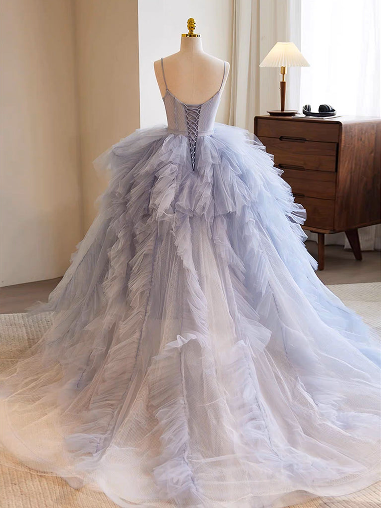 Elegant Blue Tulle Long Prom Gown & Sweet 16 Dress - Formal Evening Gown for Homecoming, Quinceañera, and Special Occasions