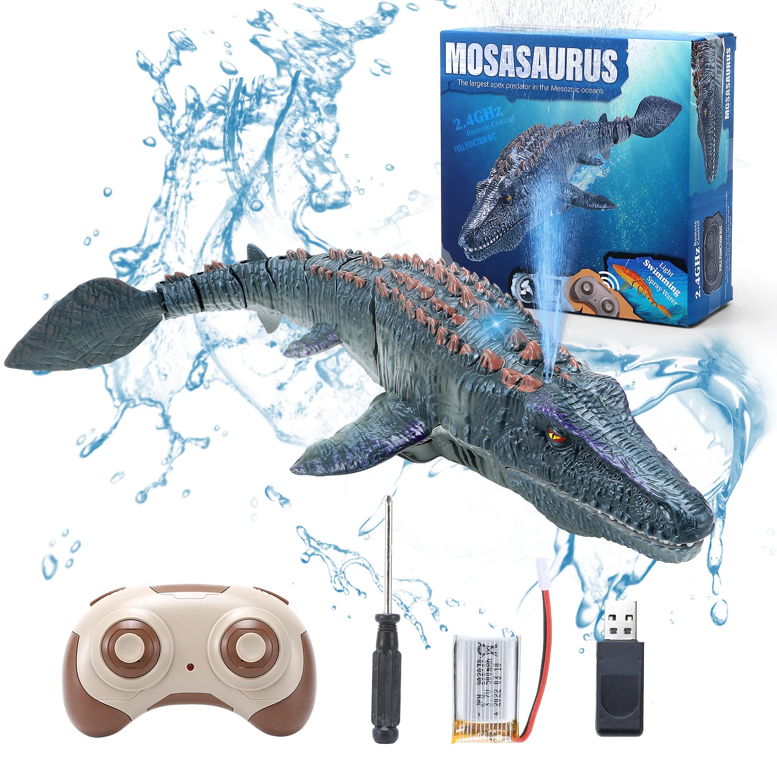 Best Remote Control Dinosaur Toys for Kids Ages 3-7 - Mosasaurus RC Diving Boat with LED Lights & Water Spray for Pool, Lake, Ocean & Bath Time Fun | Interactive Bath Toys for Toddlers & Children