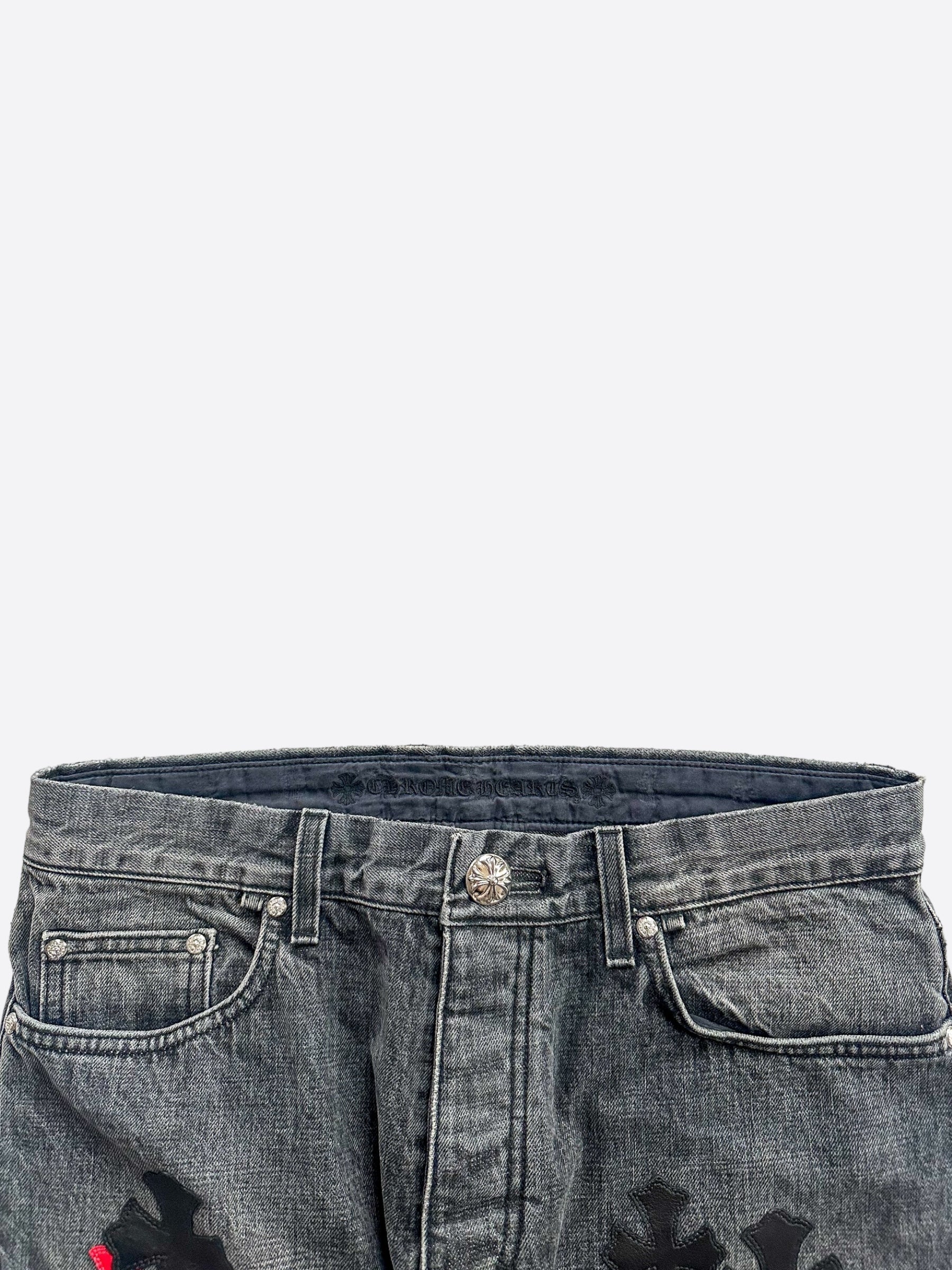 Chrome Hearts Grey Black & Red Cross Patch Jeans for Men & Women - Gothic Punk Fashion Denim Pants for Streetwear & Casual Outfits