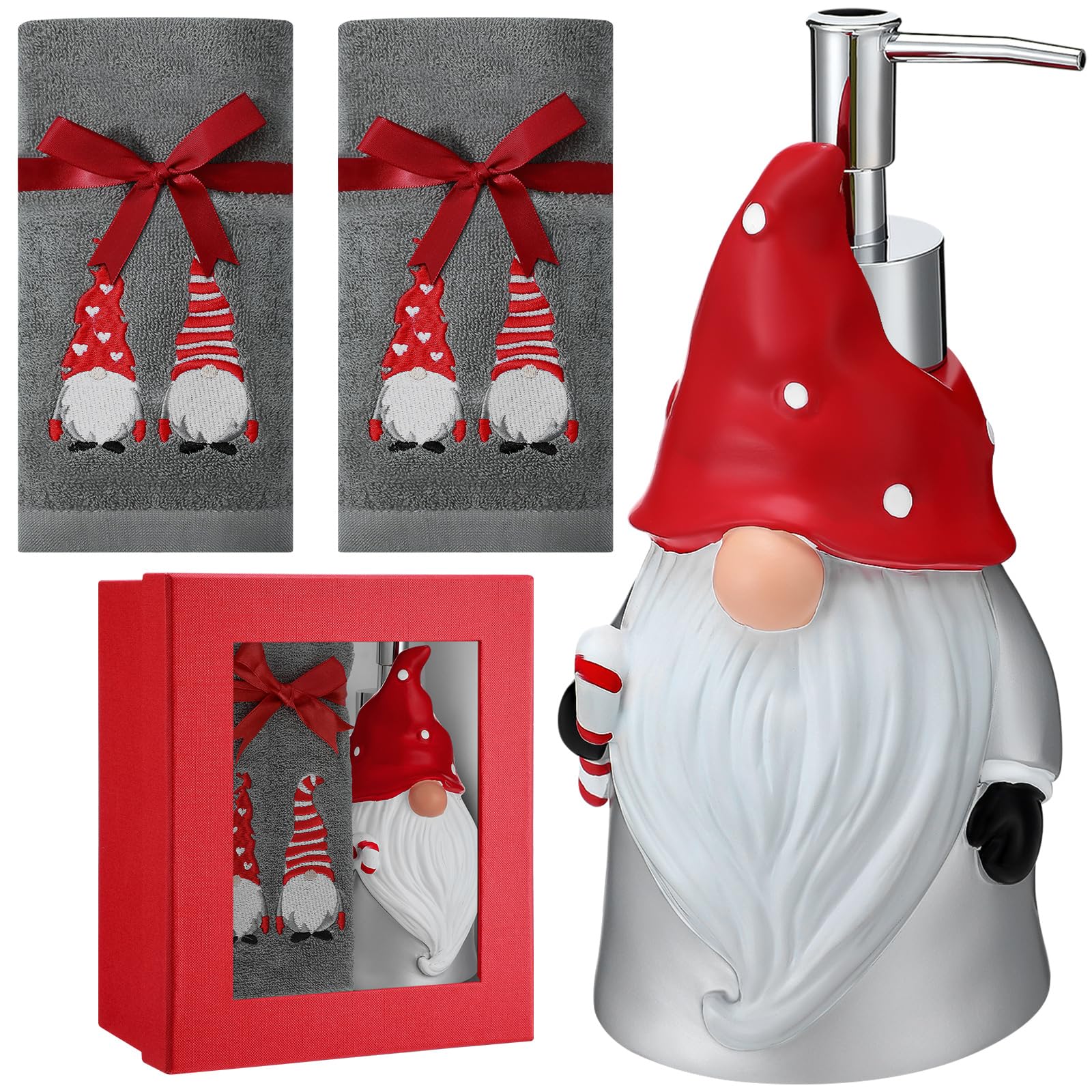Christmas Soap Dispenser & Towel Set - 4pc Bathroom Decor (Red/White Gnome) for Holiday Home