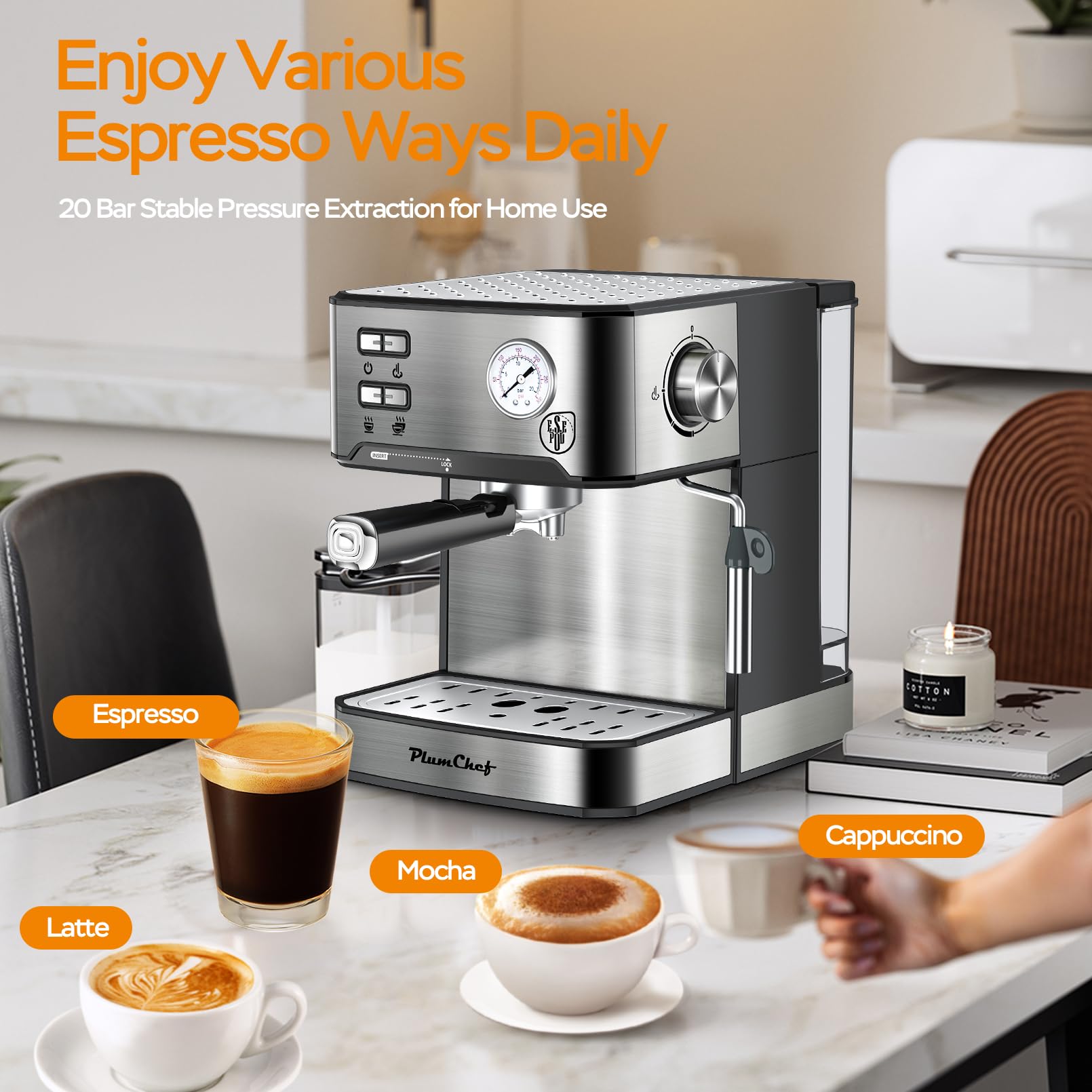 PlumChef Espresso Machine for Home Use - 15 Bar Pressure Coffee Maker with Milk Frother, Steam Wand & 54oz Water Tank - Quiet & Fast Brewing for Cappuccino, Latte - Perfect for Kitchen, Office & Small Spaces