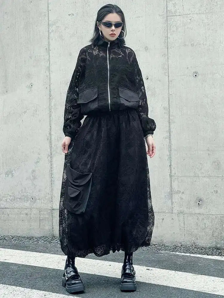 Elegant Black Lace Jacket & Pocket Skirt Two-Piece Set with Stand Collar & Long Sleeves - Women's Fashion Outfit for Spring & Fall 2025 (Style 1DJ0248) | Perfect for Office Wear, Date Nights & Special Occasions