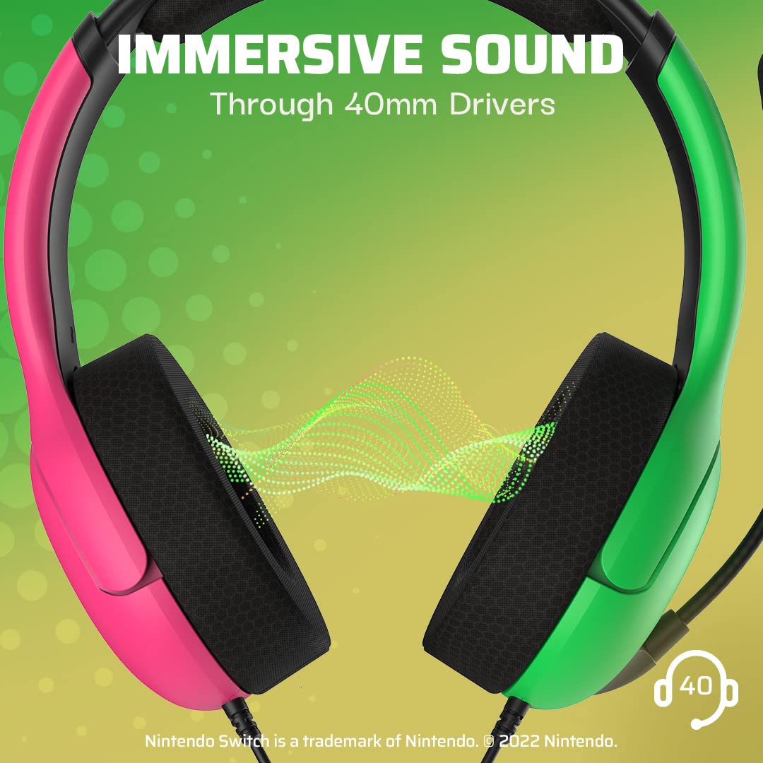 PDP Gaming LVL40 Stereo Headset with Microphone - Compatible with Nintendo Switch, PC, iPad, Mac, Laptop - Noise Cancelling Mic, Lightweight On-Ear Headphones, 3.5mm Jack in Pink & Green - Perfect for Gaming, Online Classes & Remote Work