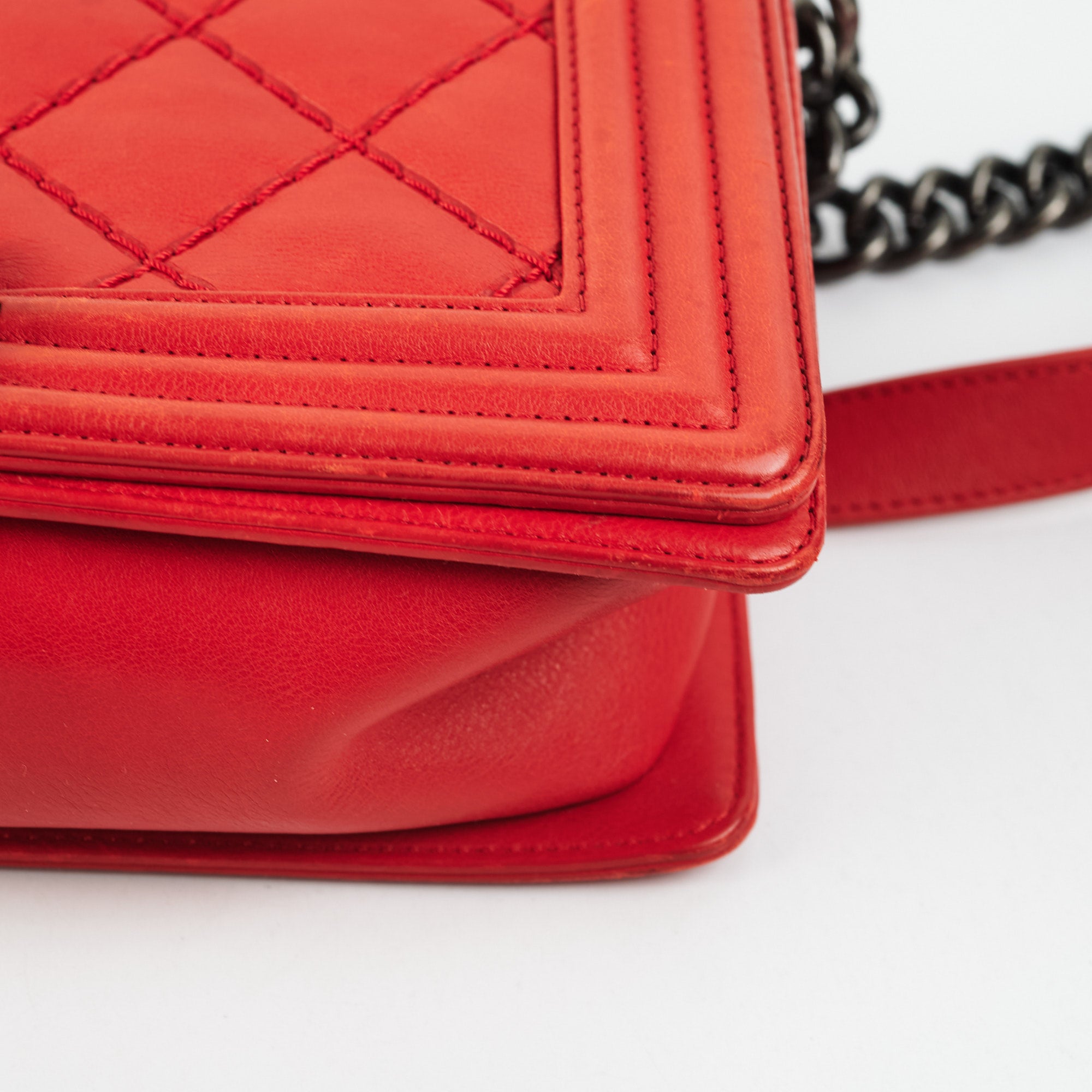 Chanel Boy Old Medium Red Leather Quilted Shoulder Bag - Luxury Designer Handbag for Women - Perfect for Parties, Dates & Special Occasions