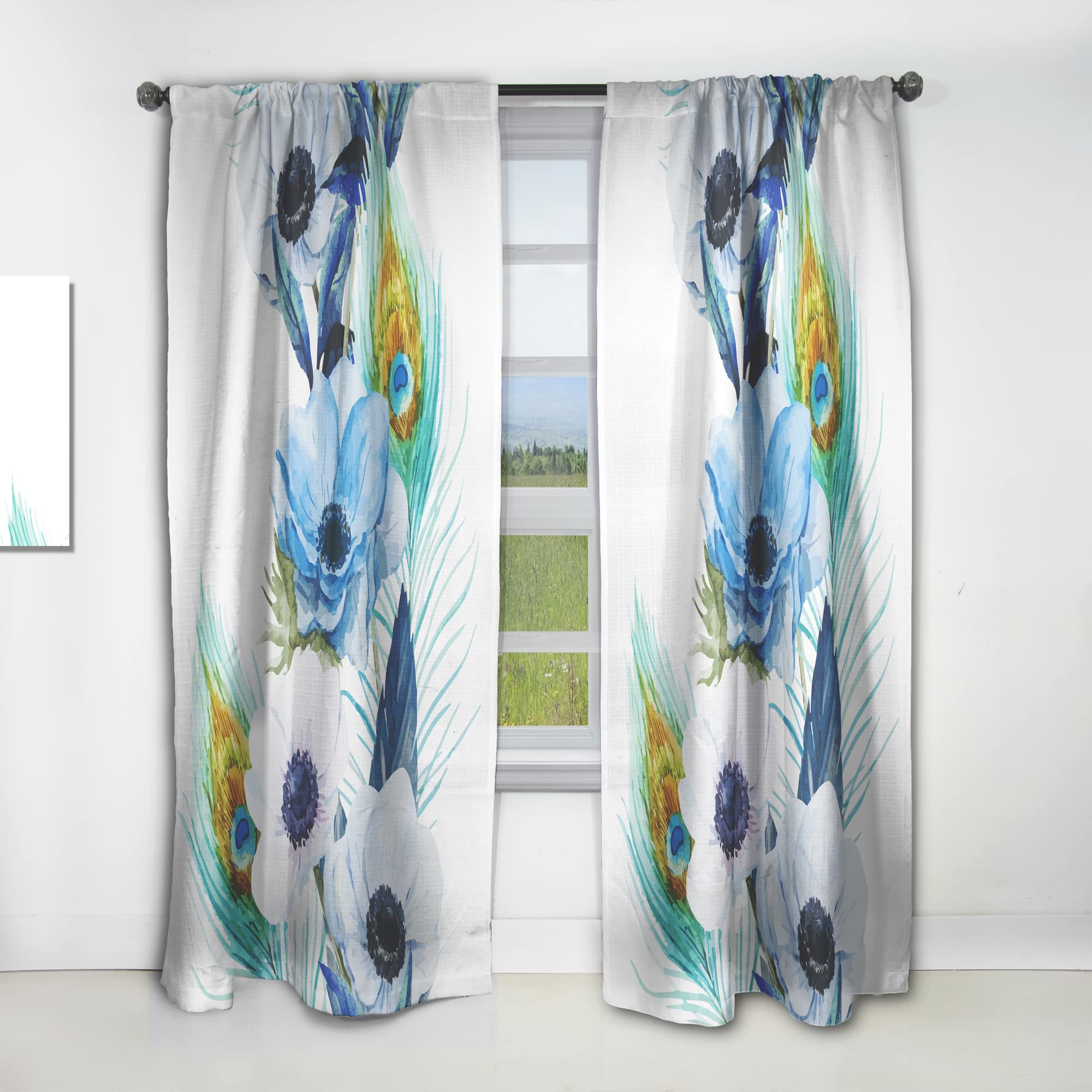 DesignQ Handpainted Anemones & Peacock Feathers Thermal Insulated Curtains - 52x90 Inch Single Panel for Bedroom & Living Room - Elegant Window Drapes for Home Decor & Light Blocking