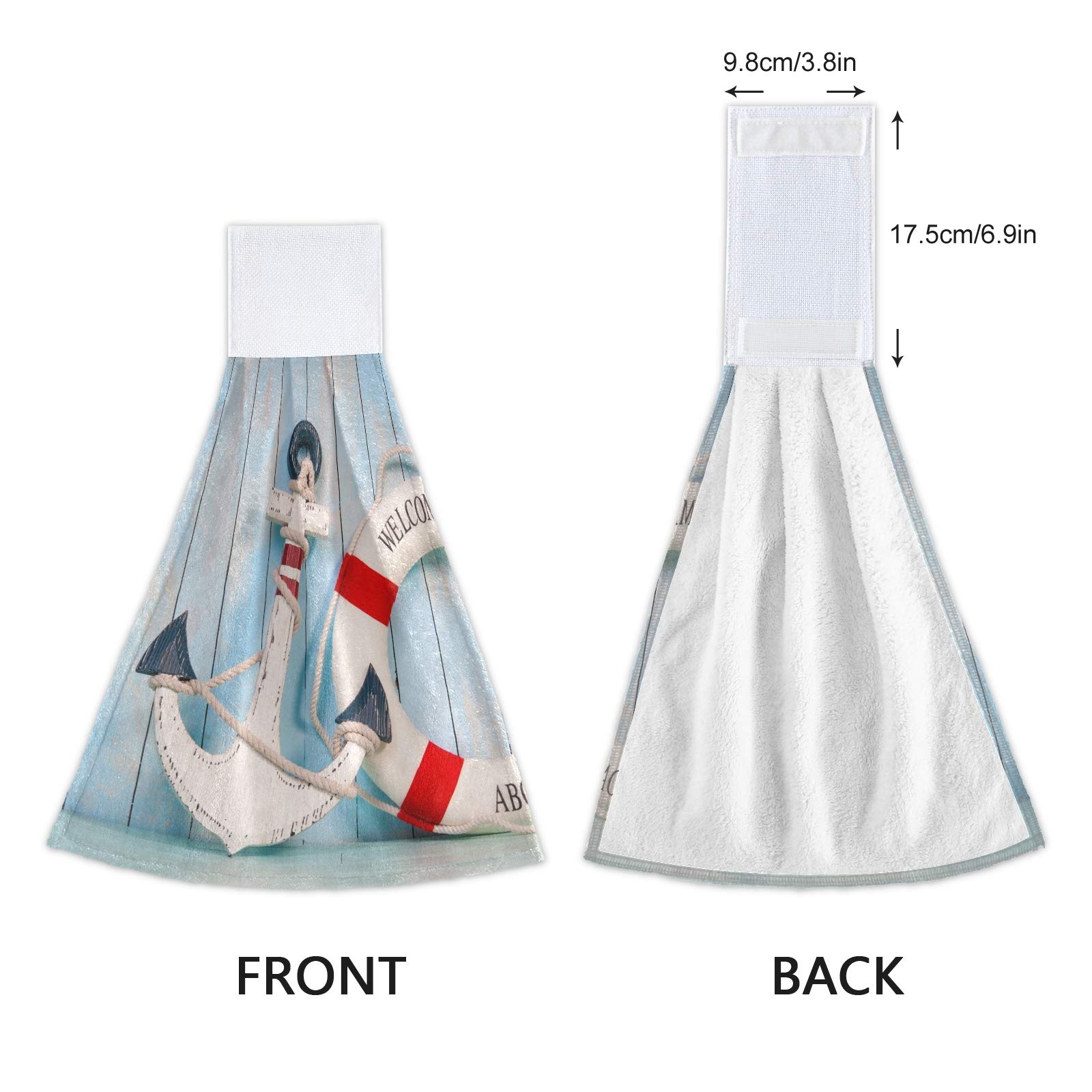 2-Pack Marine Anchor Life Buoy Hanging Kitchen Towels - Soft Coral Velvet Hand & Dish Towels with Loops - Absorbent Bathroom Washcloths for Summer Holiday Decor, Beach House & Nautical Themed Kitchens