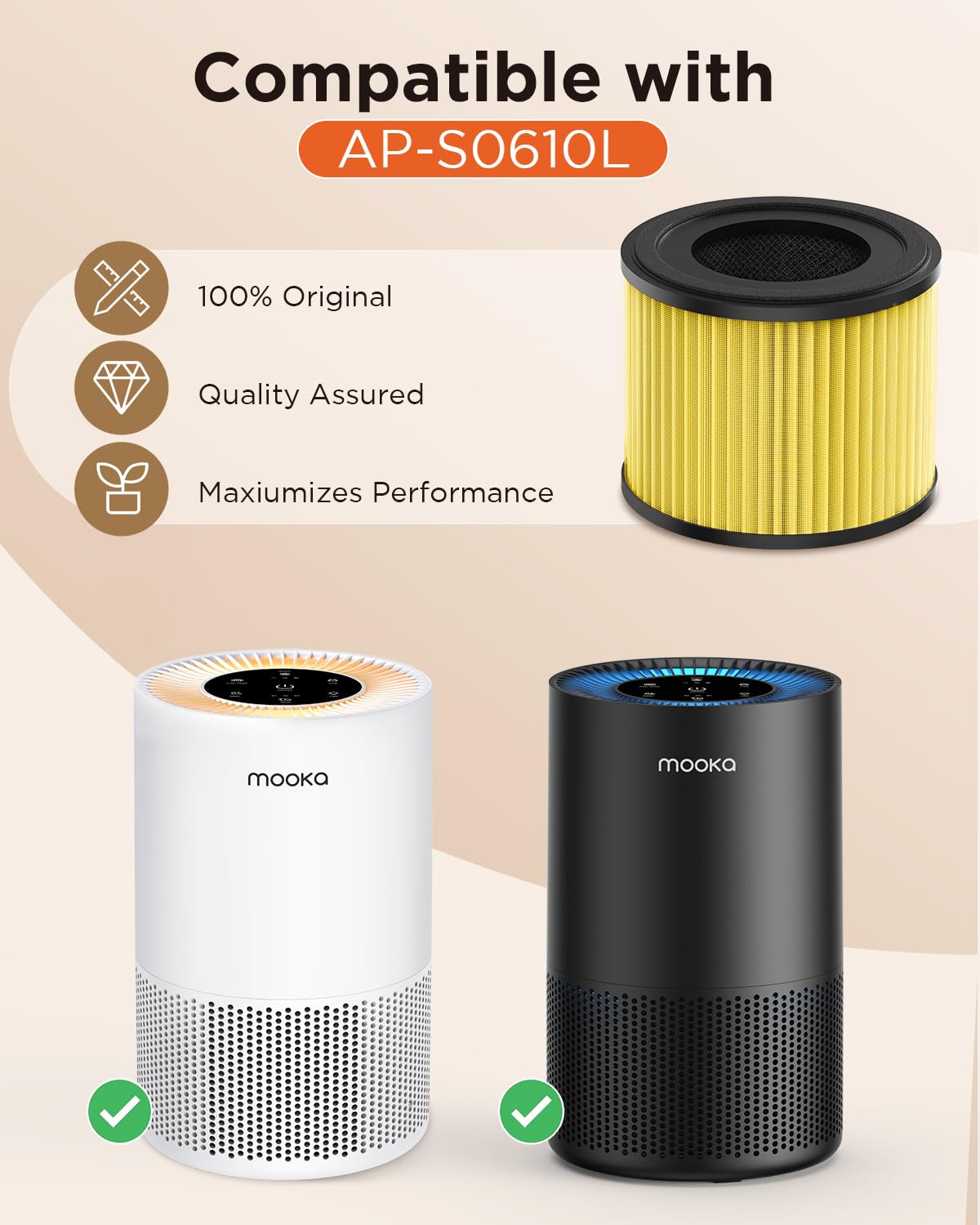 MOOKA AP-S0610L True HEPA Air Purifier with 3-in-1 Filter - Removes Pet Dander, Smoke, Odor, Pollen & Allergens - High Efficiency Activated Carbon Filter for Home, Office & Bedroom Use