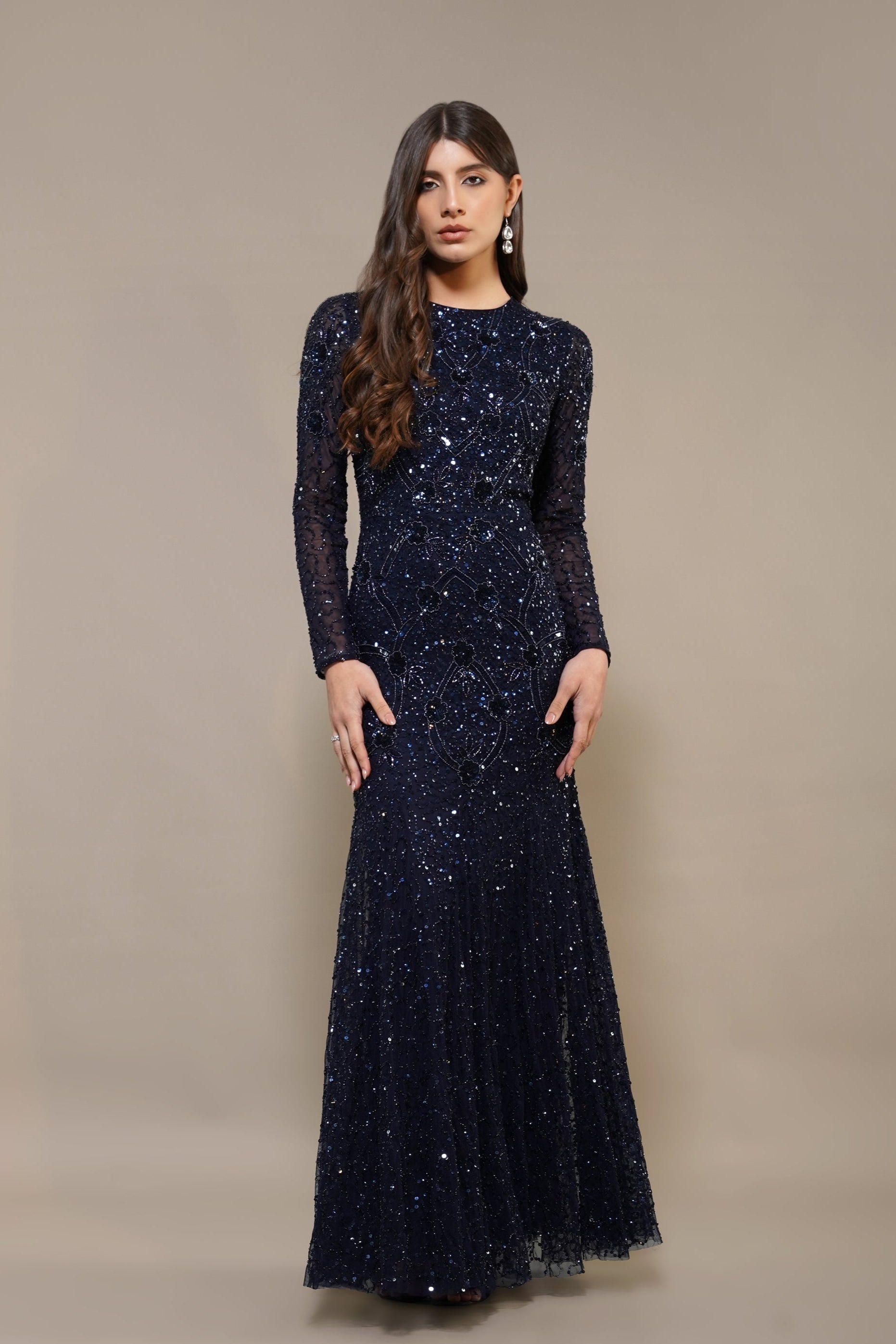 Zinnia Embellished Maxi Dress for Women - Navy Blue Floral Long Dress with Beaded Details | Perfect for Weddings, Parties & Summer Vacations