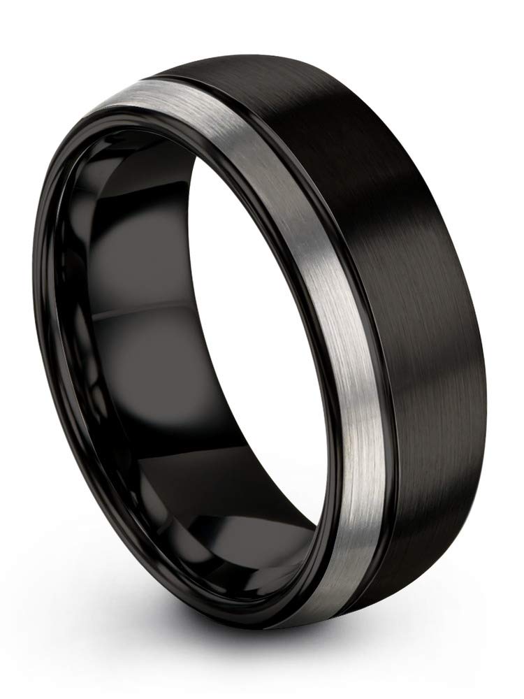 8mm Tungsten Carbide Wedding Band Ring for Men & Women - Blue Black Offset Line, Dome Grey Exterior, Half Brushed & Polished - Custom Engraved Anniversary & Engagement Ring - Perfect for Weddings, Proposals & Special Occasions