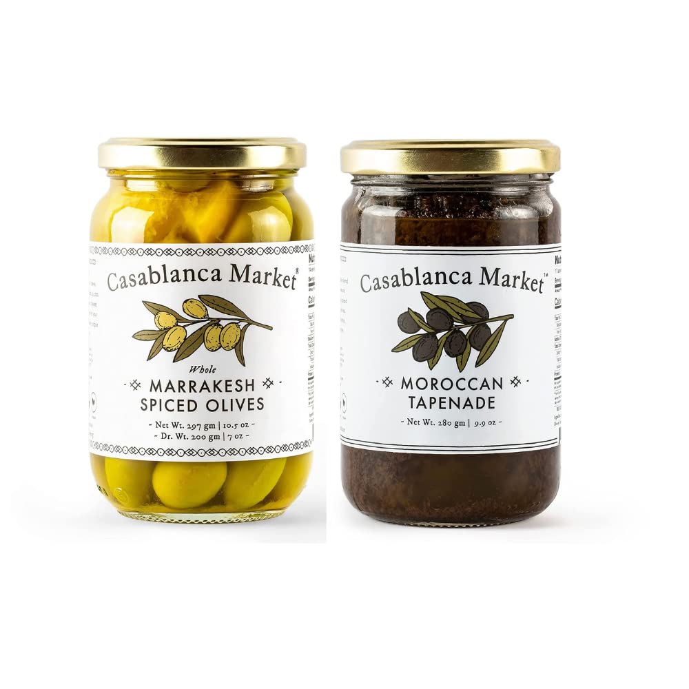 Casablanca Market Green Spiced Olives (10.5oz) & Black Olive Tapenade Spread - Mediterranean Gourmet Gift Set with Free eBook - Perfect for Charcuterie Boards, Appetizers & Dinner Parties