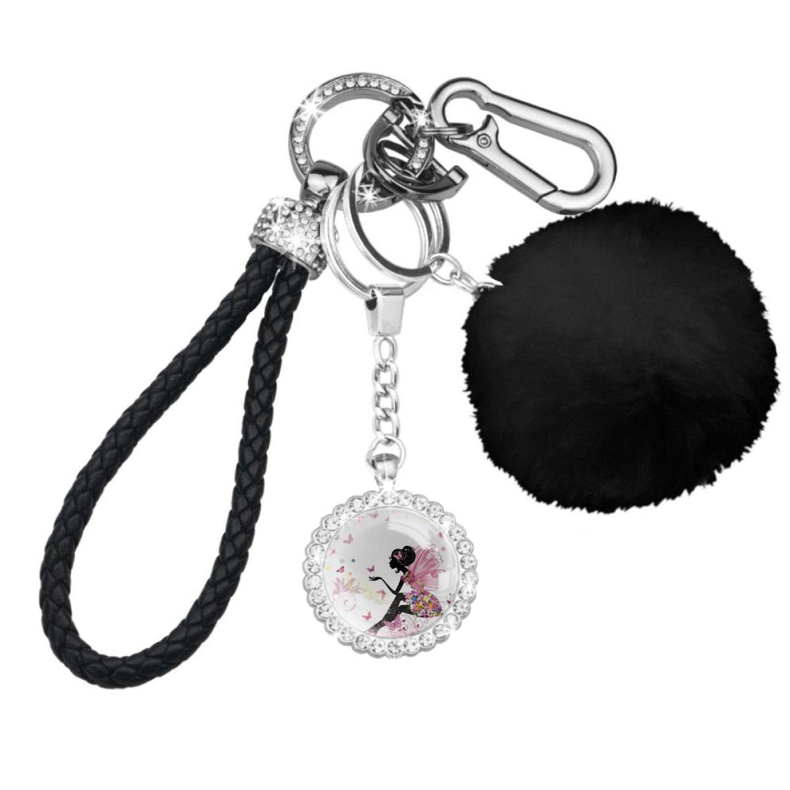 Fluffy Pom Pom Keychain - Cute Flower Fairy & Butterflies Design, Soft Artificial Fur Ball Charm for Car Keys, Bags & Backpacks | Perfect Gift for Girls, Women & Teens