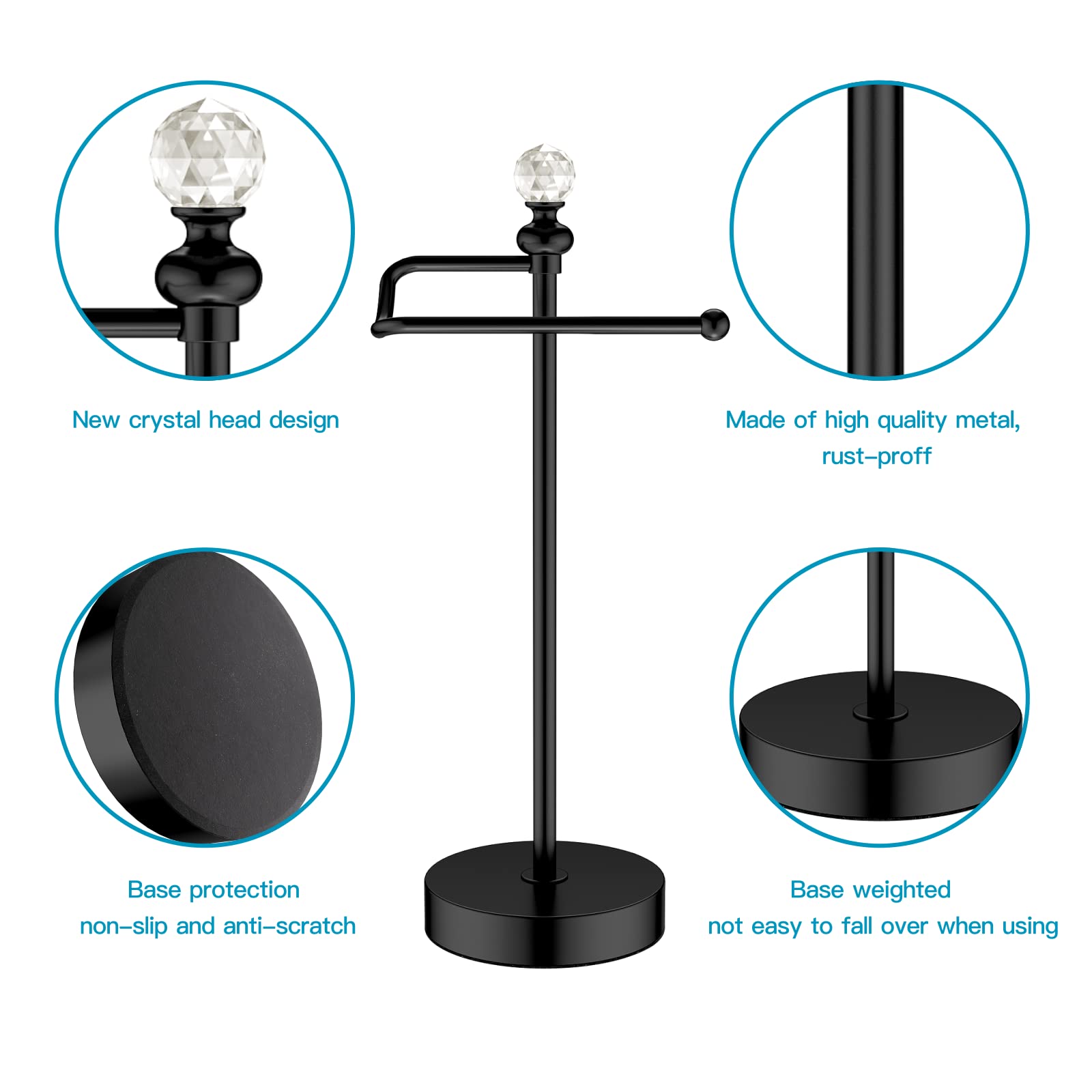 Heavy Weighted Hand Towel Stand with Crystal Ball - 15.7'' Tall Metal Towel Holder for Kitchen, Bathroom & Vanity - Classic Matte Black Decorative Towel Rack - Perfect for Farmhouse, Modern and Traditional Home Decor