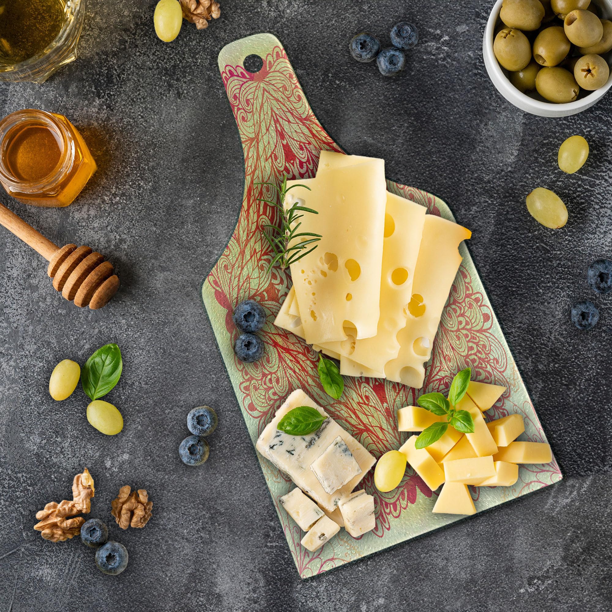 Ambesonne Mandala Tempered Glass Cutting Board - Hand Drawn Ombre Floral Design with Swirls & Ivy - Square Decorative Serving Board for Kitchen, Charcuterie & Wine - Pink, Yellow & White