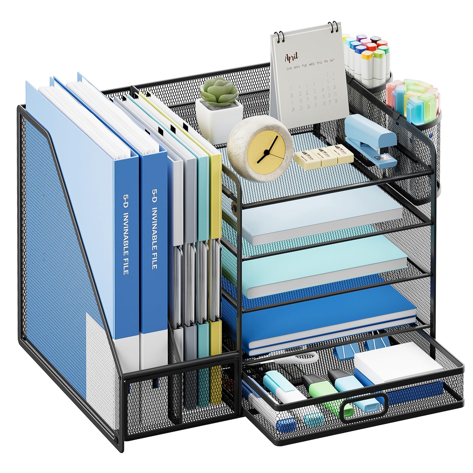 Lavatino 5-Tier Mesh Desk Organizer with File Holder, Sliding Drawer & 2 Pen Holders - Black Office Supplies Storage for Paper, Letters, Documents - Perfect for Home Office, Workspace & School Organization