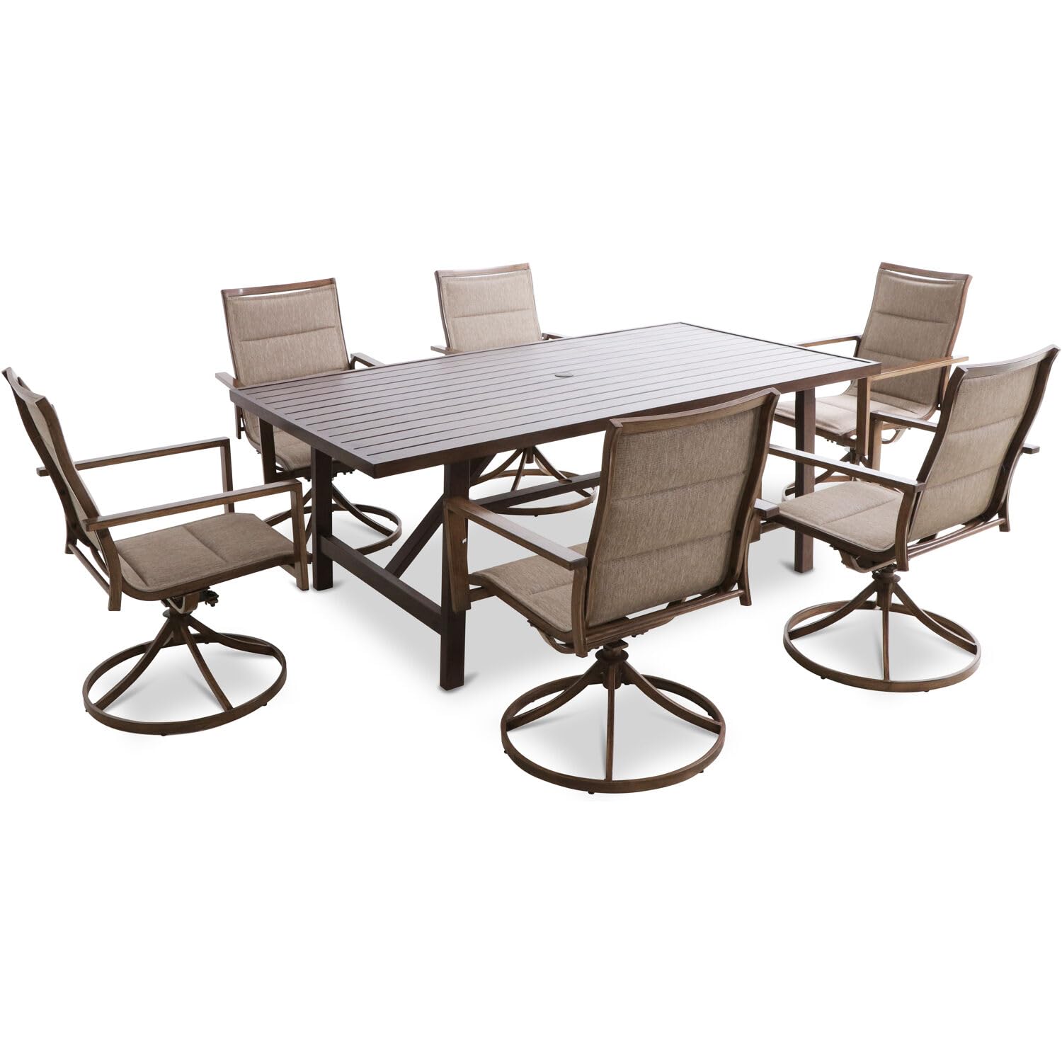 Atlas 7-Piece Outdoor Dining Set with 6 Swivel Padded Chairs & Trestle Table - Modern Patio Furniture for Backyard, Garden, Poolside - Weather-Resistant Dining Set for 6 People