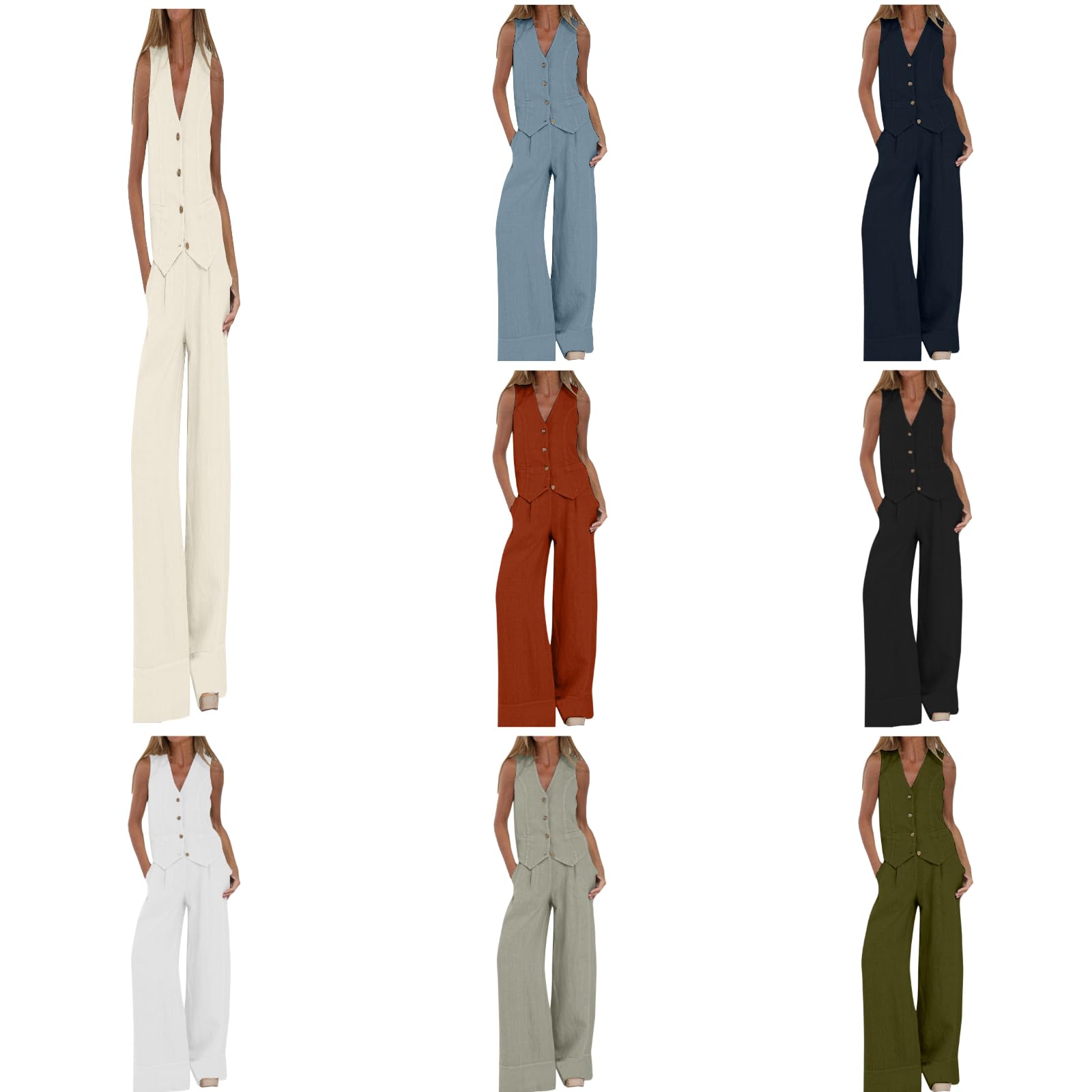 Women's 2 Piece Summer Outfit - Linen Crop Tank Top & Wide Leg Pants Set | Sleeveless Lounge Wear for Beach, Travel & Casual Comfort