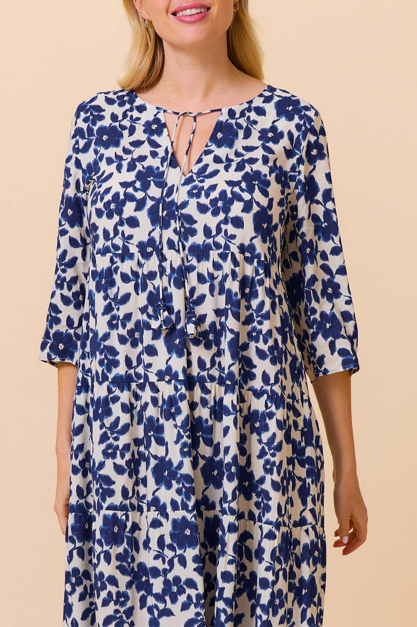 Emma EcoVero™ Midi Dress - Blossom Cream/Navy | Sustainable Women's Floral Summer Dress for Casual Wear, Beach & Outdoor Activities