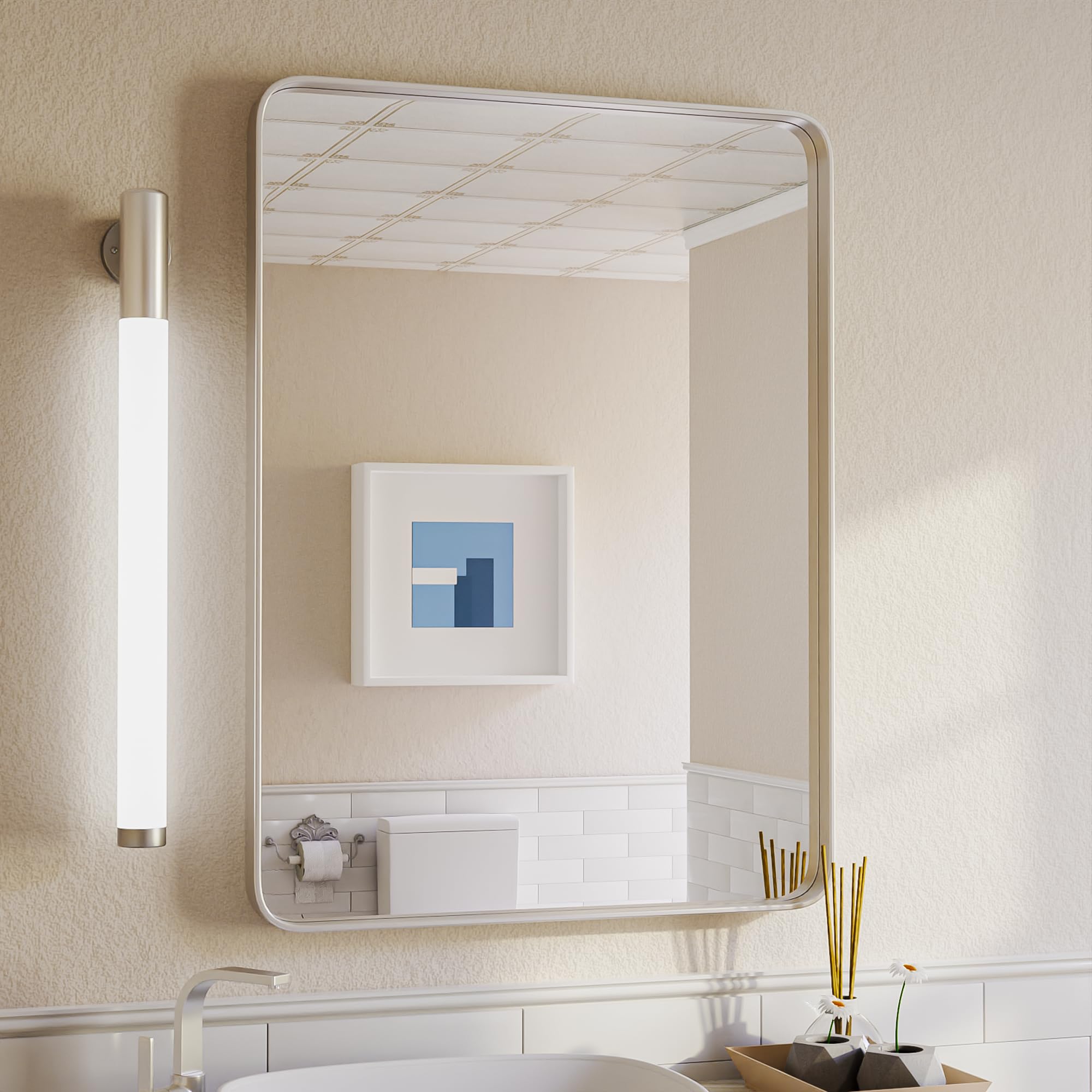 ISKM 22 x 30 Inch Silver Rectangle Wall Mirror - Stainless Steel Modern Bathroom & Living Room Decor - Horizontal/Vertical Hanging for Bedroom, Hallway & Entryway | Perfect for Vanity, Makeup & Home Decor